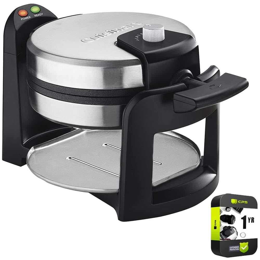 Cuisinart WAF-F30 Round Flip Belgian Waffle Maker Black/Stainless Bundle with 1 Yr CPS Enhanced Protection Pack