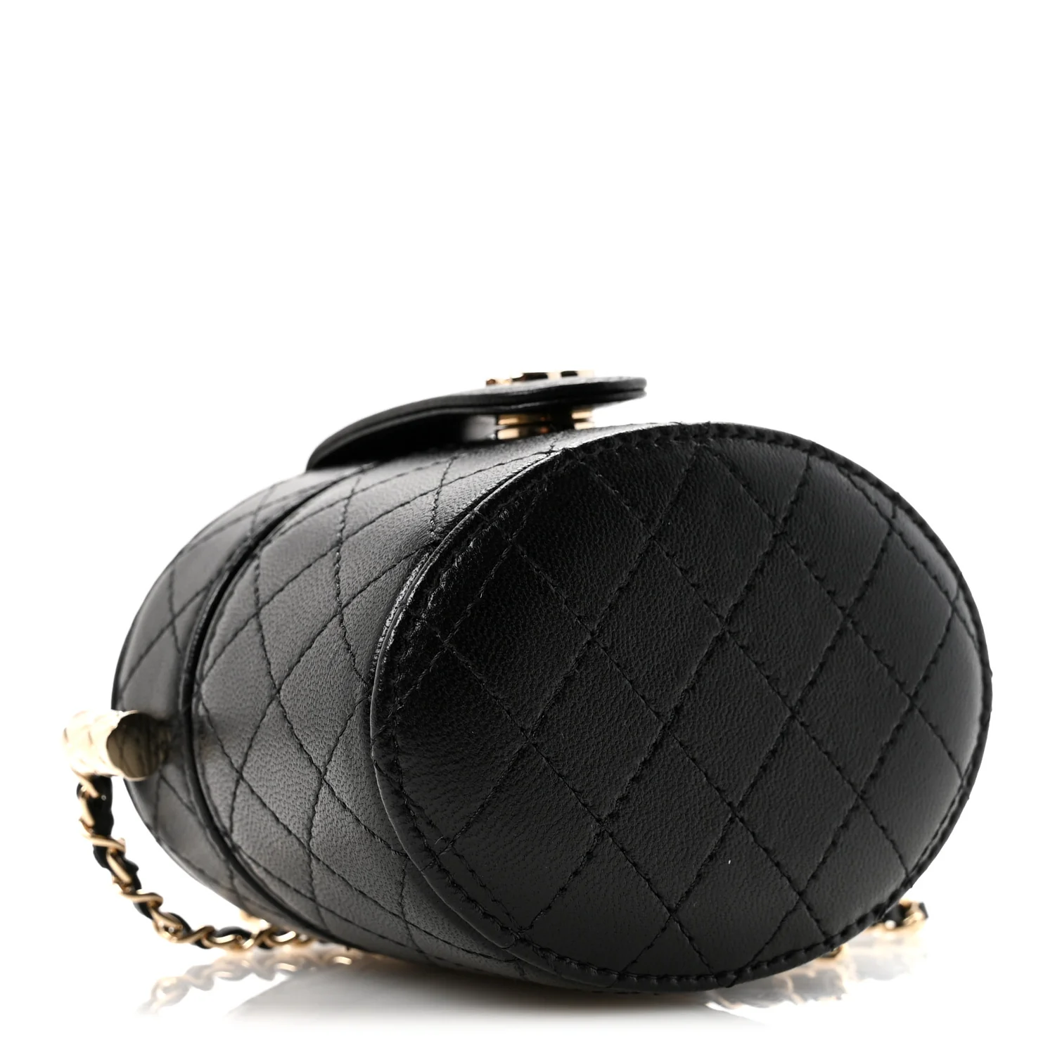 Lambskin Quilted Mini Round Vanity Case With Chain Black