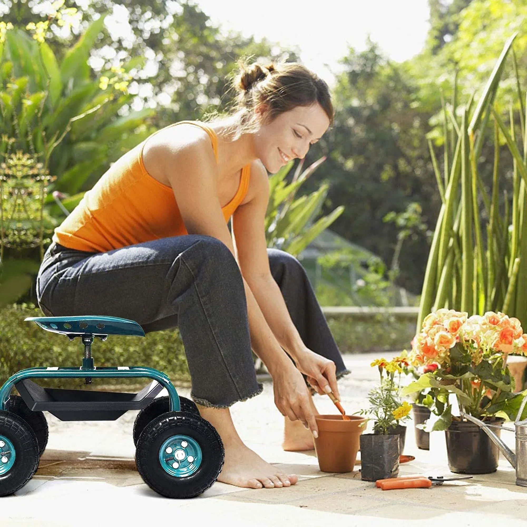 Aukfa Rolling Garden Cart Scooter with Swivel Seat, Wheels, and Tool Tray - Red