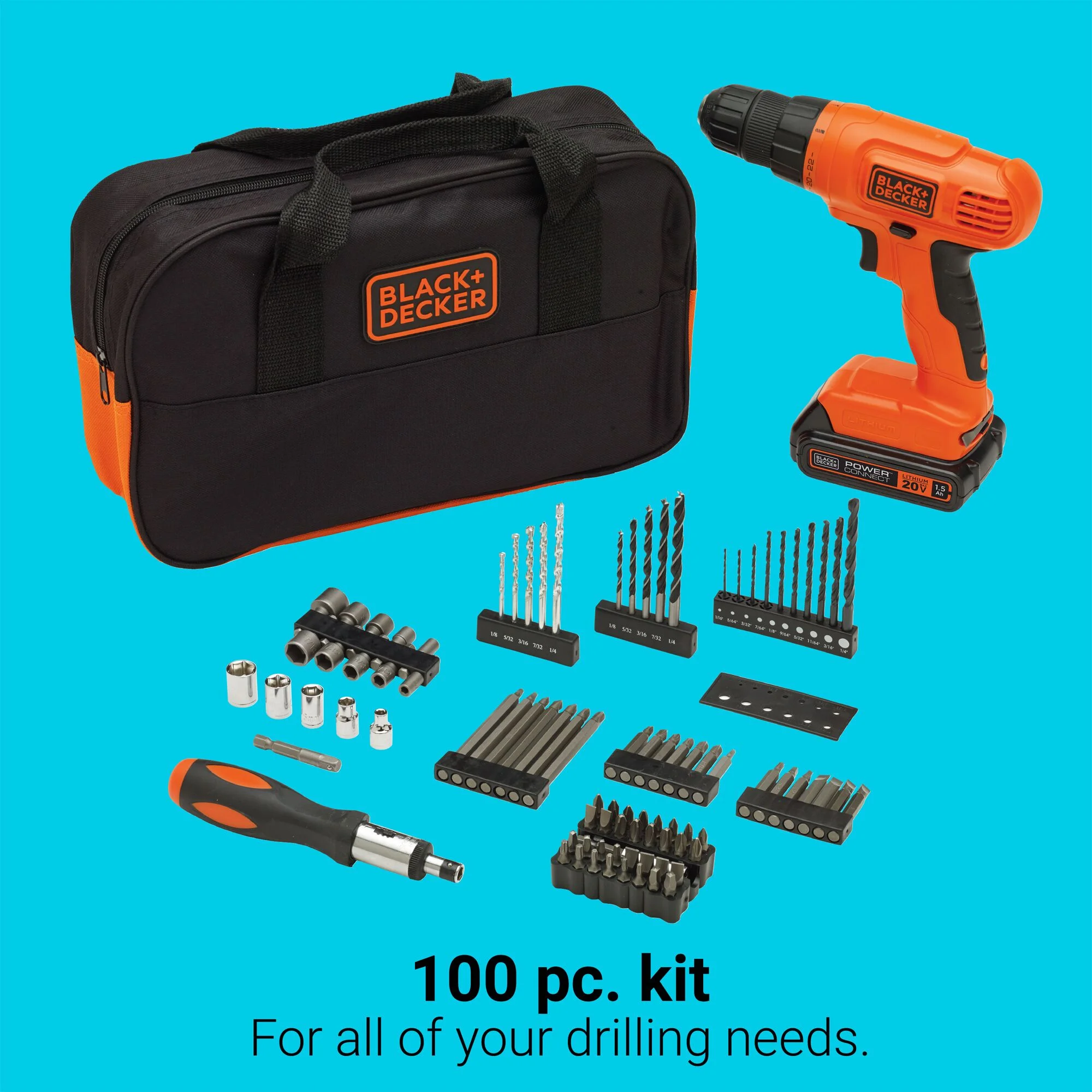 20V Cordless Drill, 1.5 Amps, 100 Piece Set, Battery and Charger Included - Image 6