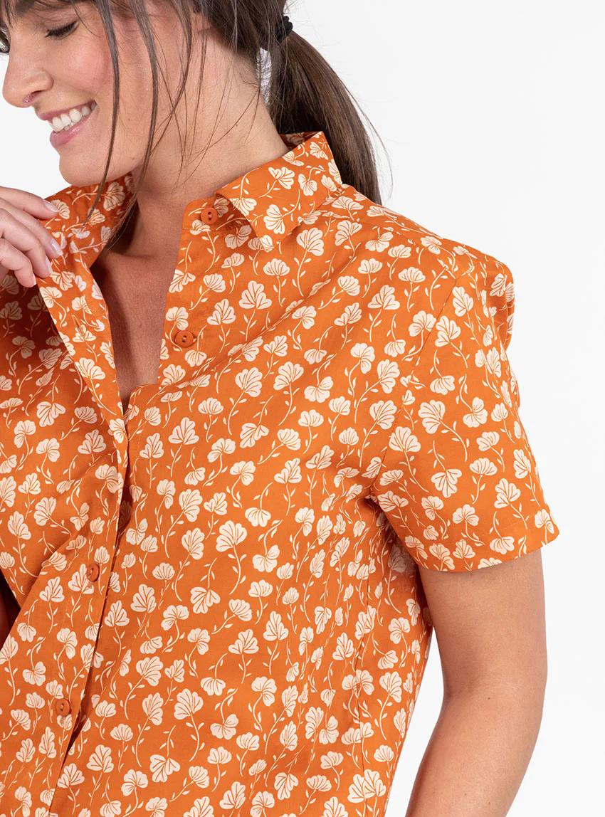 Chemisier en coton rayé imprimé orange ocre