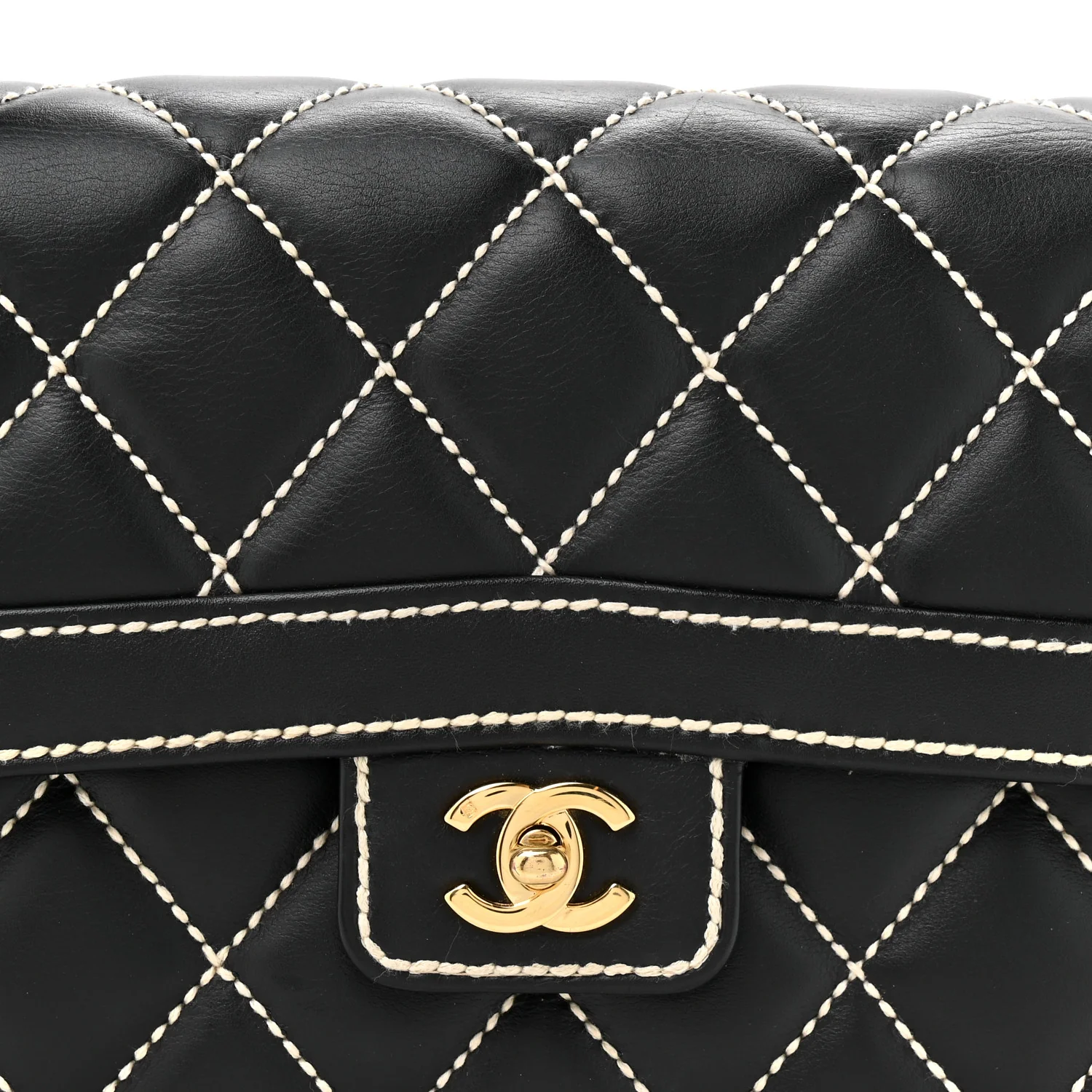 Calfskin Quilted Wild Stitch Large Top Handle Flap Black