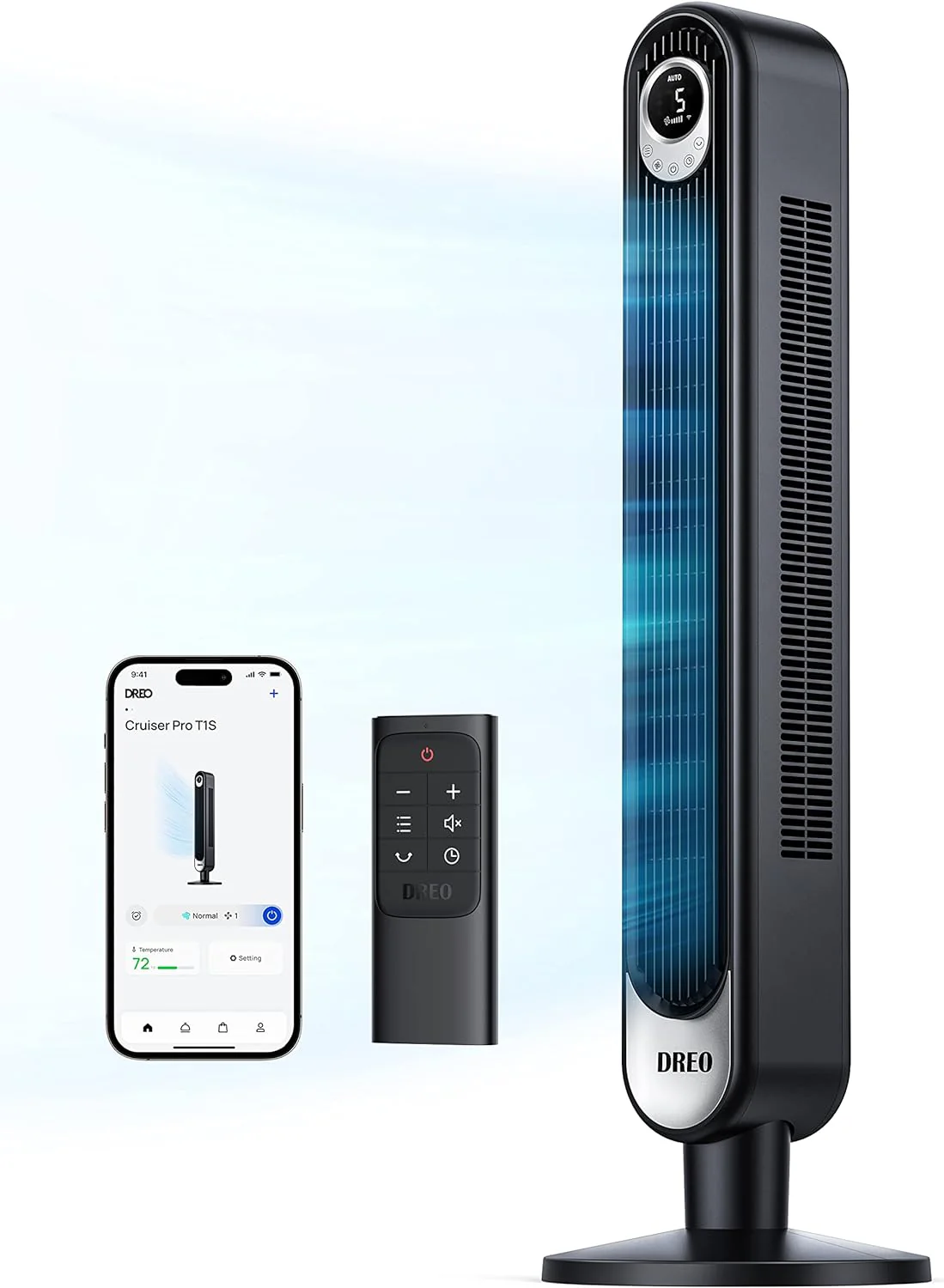 Ventilateur tour intelligent Dreo avec commande vocale WiFi, compatible avec Alexa/Google, ventilateur oscillant sans pales sur pied avec télécommande, 6 vitesses, 4 modes, minuterie 12 h, pour chambre, bureau à domicile