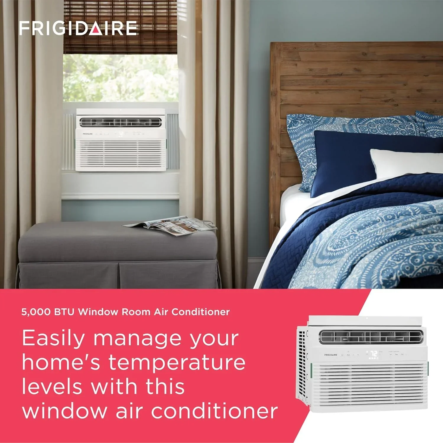 Climatiseur de fenêtre Frigidaire 5 000 BTU avec télécommande. Refroidit jusqu'à 150 pi². Fonctionnement silencieux.