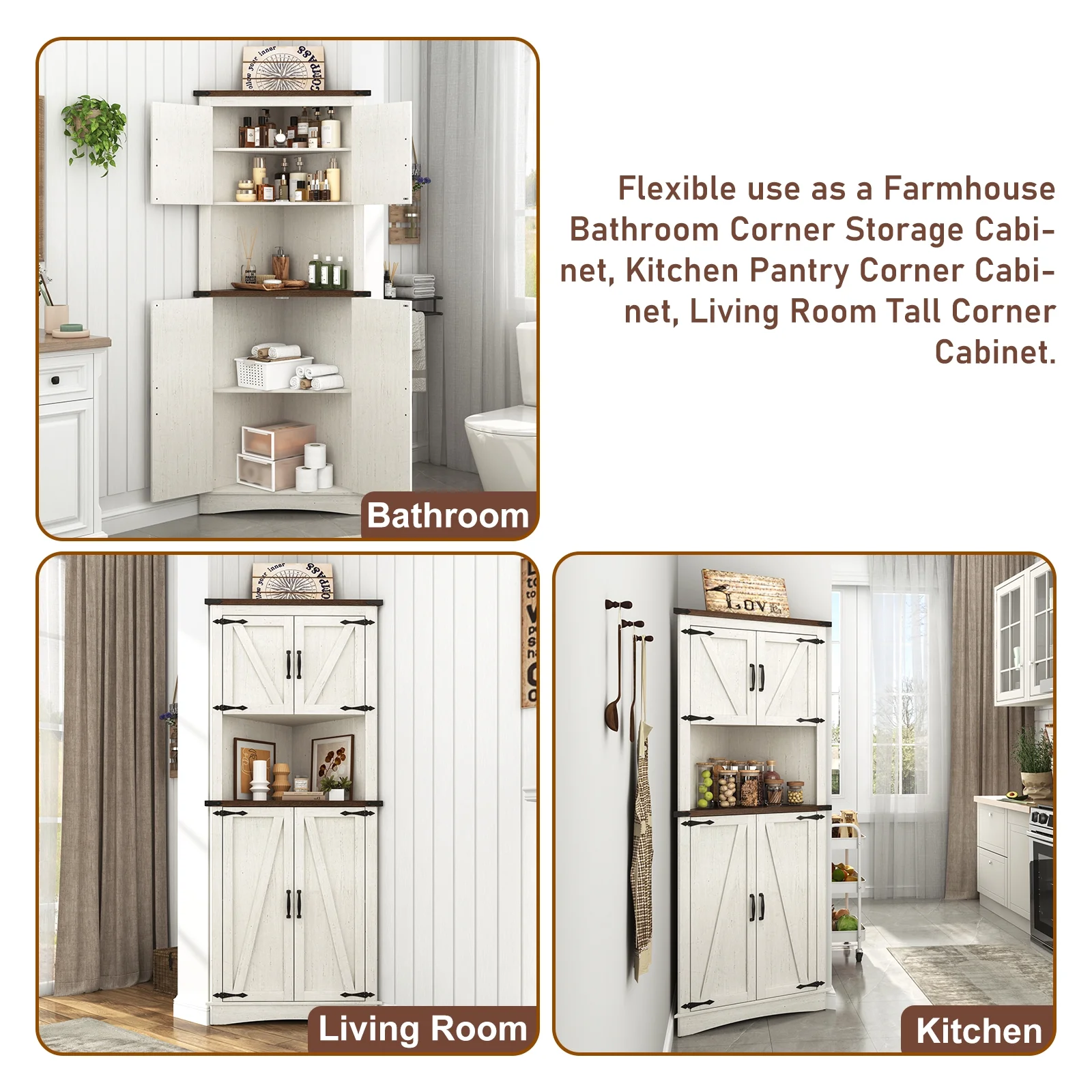 68" Tall Farmhouse Corner Cabinet with 4 Doors, 28.3" W Barn Door Storage Cabinet with Adjustable Shelves, 5 Tier Corner Storage Cabinet for Bathroom,Living Room,Kitchen(28.3" Wide/White-Brown) - Image 9