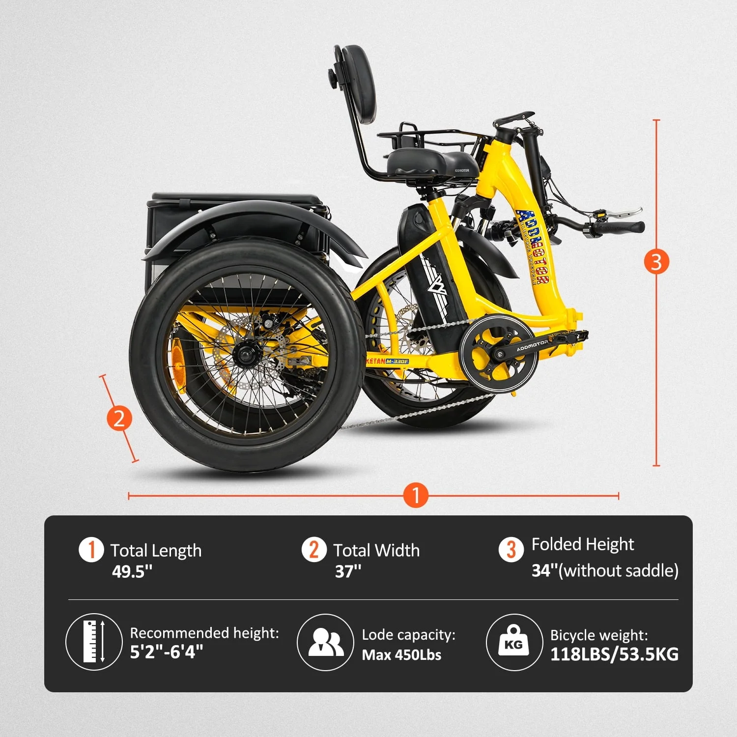 Electric Trike, 750W Foldable Electric Tricycle, Folding Electric Trike for Adults,48V 20Ah Removable Battery,20" Fat Tire Electric Trikes with Rear Speed Differential,M 330F Yellow Image 6