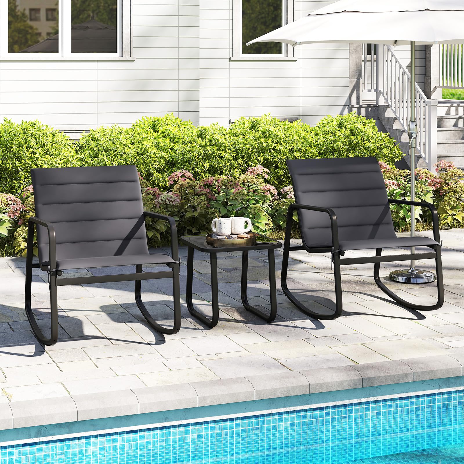 Tangkula 3 Piece Outdoor Rocking Bistro Set Outdoor Conversation Set for Balcony Garden & Poolside
