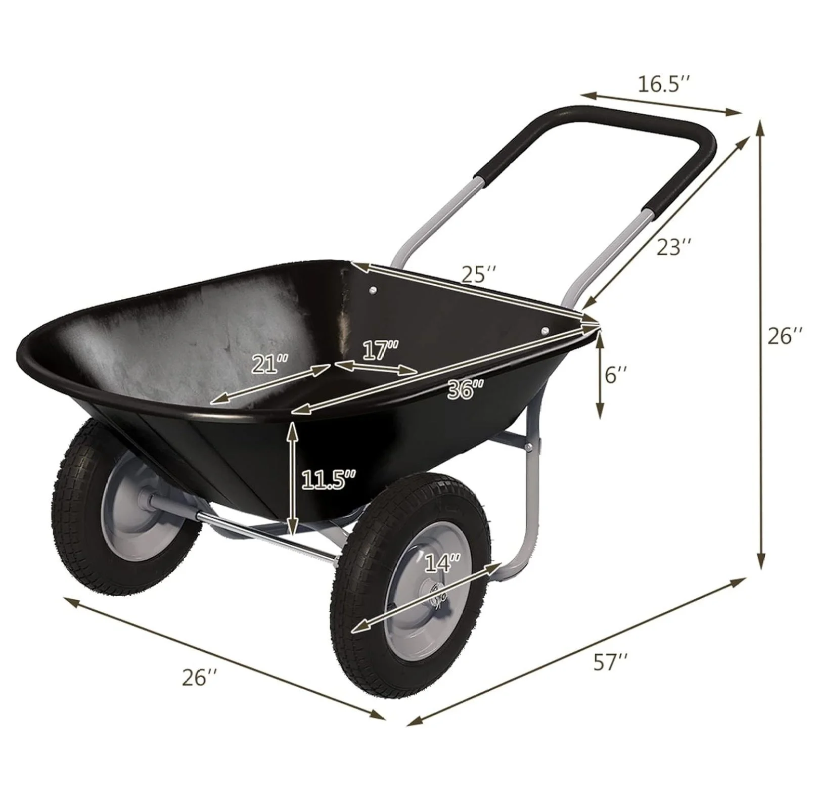 Enlarged 2-Wheel Wheelbarrow, Easy Loading and Dumping Garden Cart, Heavy Duty Utility Dump Cart for Outdoor Lawn Yard Farm Ranch, Black - Image 5