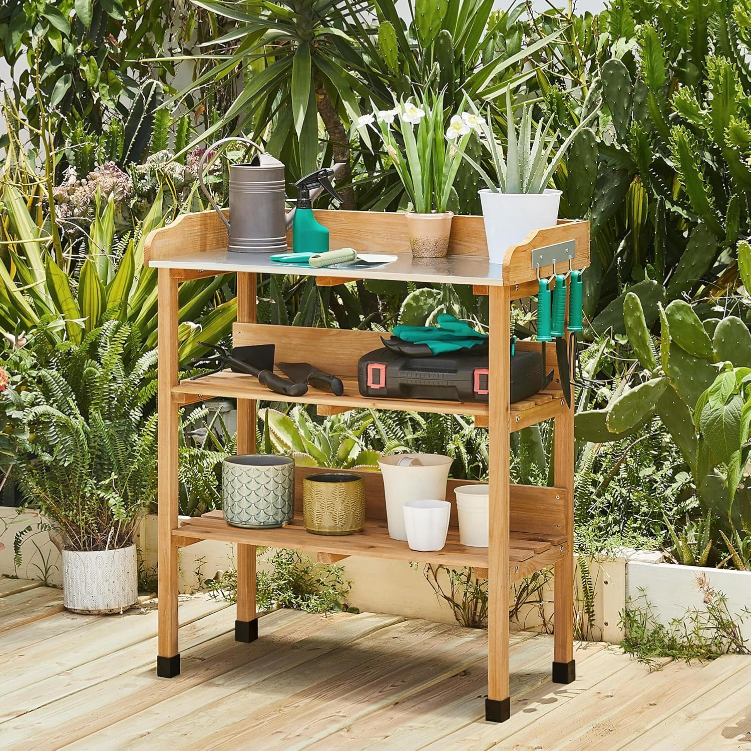 Outdoor Garden Potting Bench Table Wooden Horticulture Planting Worstation w/Metal Tabletop/Storage Shelf/3 Hooks, Natural Wood - Image 2