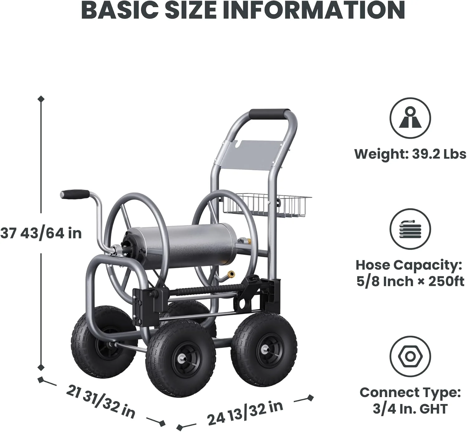 Heavy Duty Industrial Garden Hose Reel Cart with Wheels, 5/8in-250ft Hose Capacity - Image 3