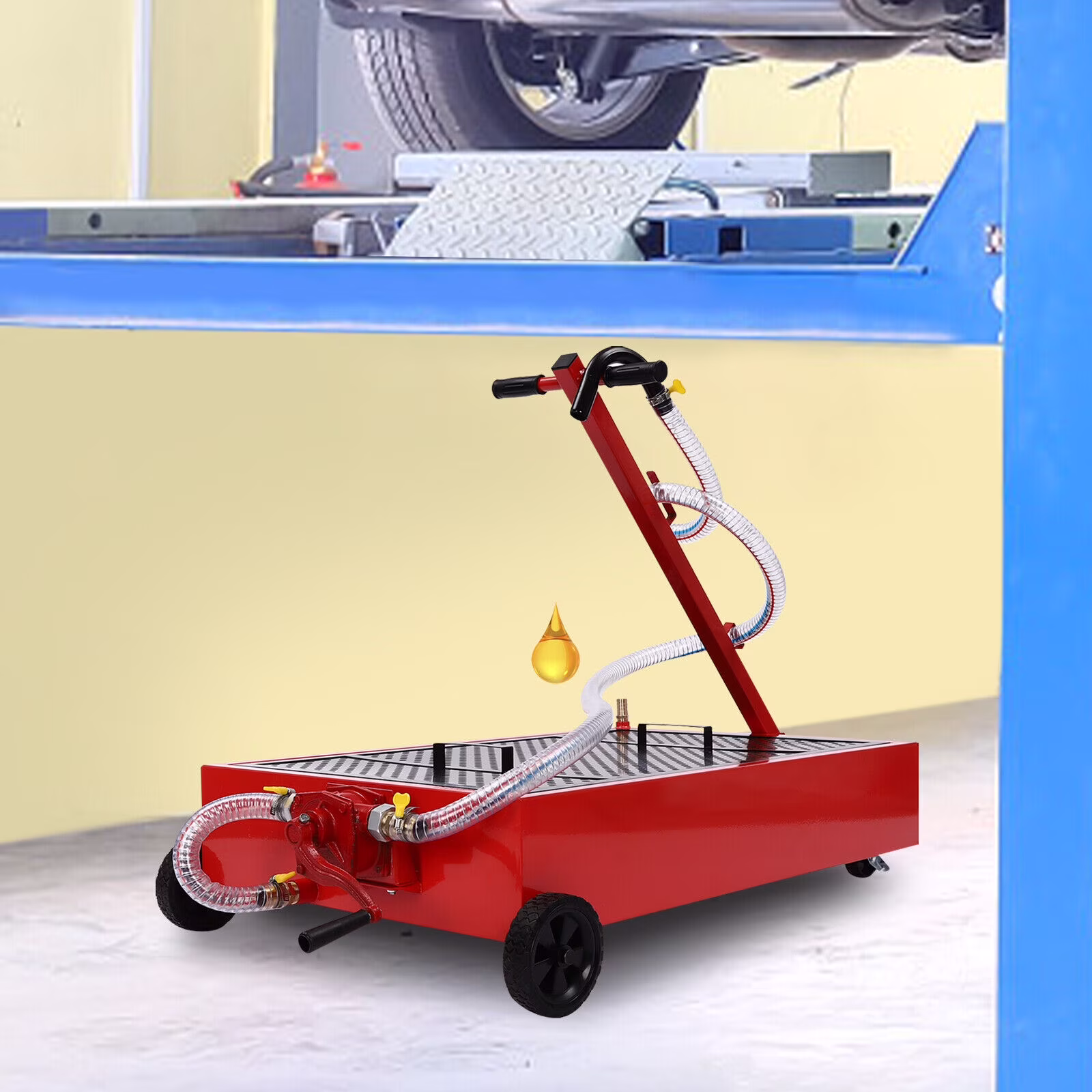 Low Profile Oil Drain Pan 20 Gallon Oil Drain Cart w/ 110W Manual Pump Hose