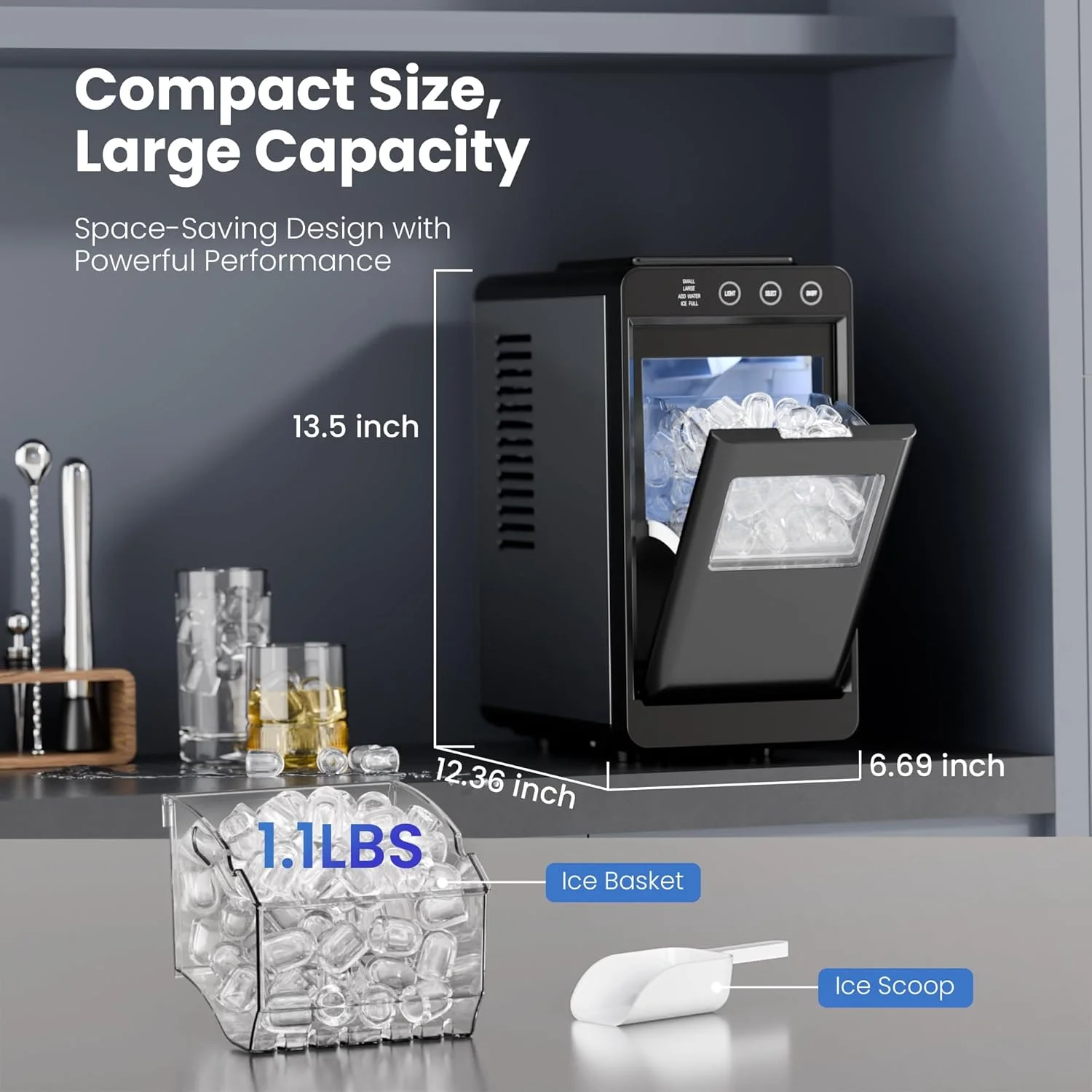Moifoi Ice Maker Countertop, 26 lb/24 H, 8 Pcs Ice in 6 Mins, Portable Ice Maker Machine with Self - Cleaning, Interior Lighting, 2 Sizes Bullet Ice, Black