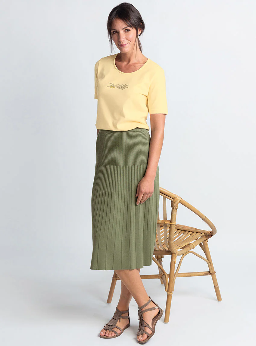 Jupe plissée femme fluide en viscose vert kaki