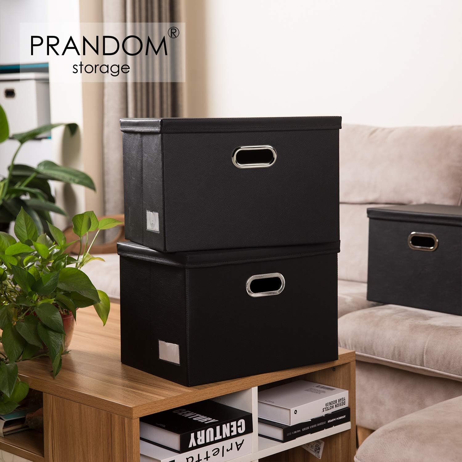 PRANDOM Large Collapsible Storage Bin with Lid [1-Pack] Leather Fabric Foldable Storage Box Organizer Container Basket Cube with Cover for Home Bedroom Closet Office Nursery Black (17.7x11.8x11.8)