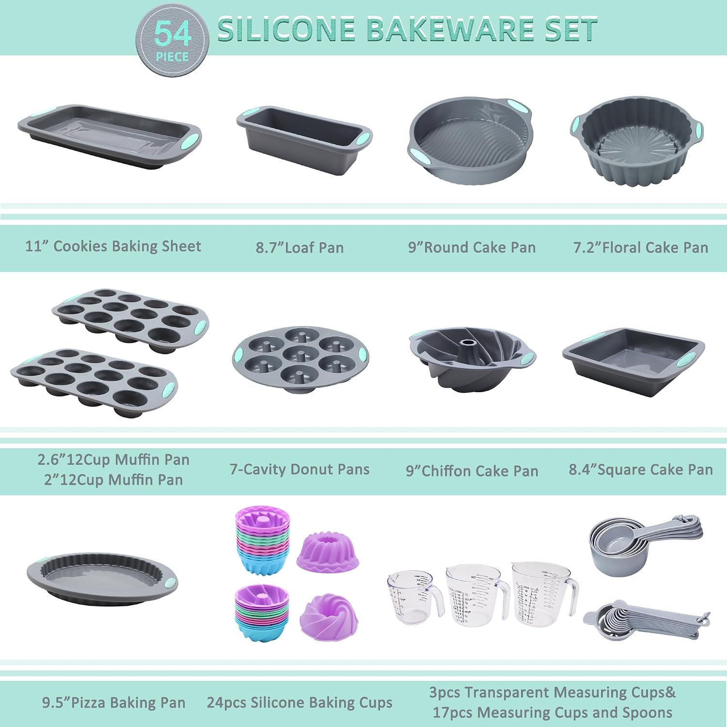 Tongjude 54 Pieces Silicone Baking Pans Set, 10 Silicone Cake Molds, Loaf Pan and Muffin Pans, Non-Stick Baking Cup, with Measuring Cups and Spoons Set, Grey