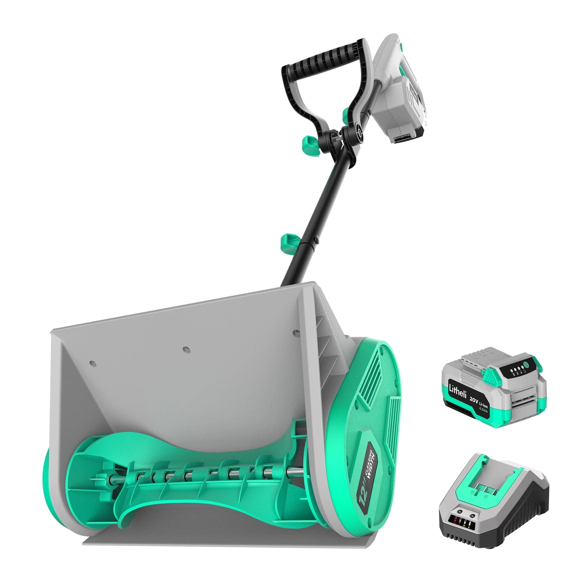 Litheli Cordless Snow Shovel, 20V 12 Inch Battery Powered Snow Thrower, Battery Snow Blower with Auxiliary Handle, with 4 0Ah Li ion Battery Charger