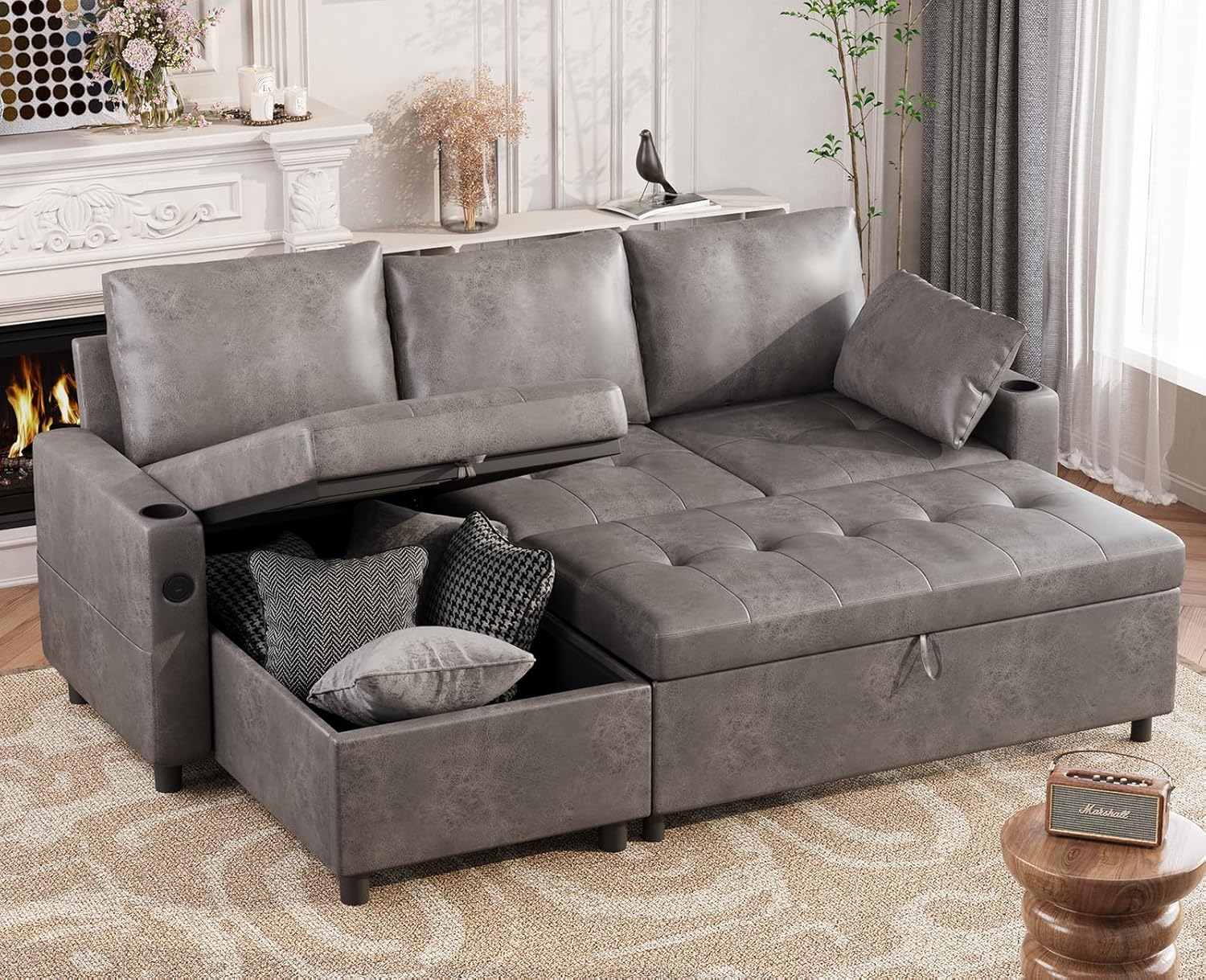 AECOJOY Sleeper Sofa Couch with Pullout Bed, Faux Leather, Gray