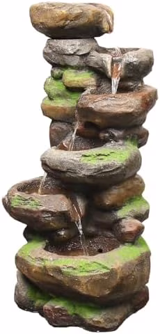 6-Tiered Outdoor Floor Rock Water Fountain Cascading Waterfall Fountains Indoor Led Lights for Home Garden Patio with Natural Stone Look 37.4 H