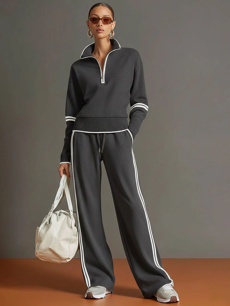 Ensemble sweat à demi-fermeture éclair et pantalon à jambes larges