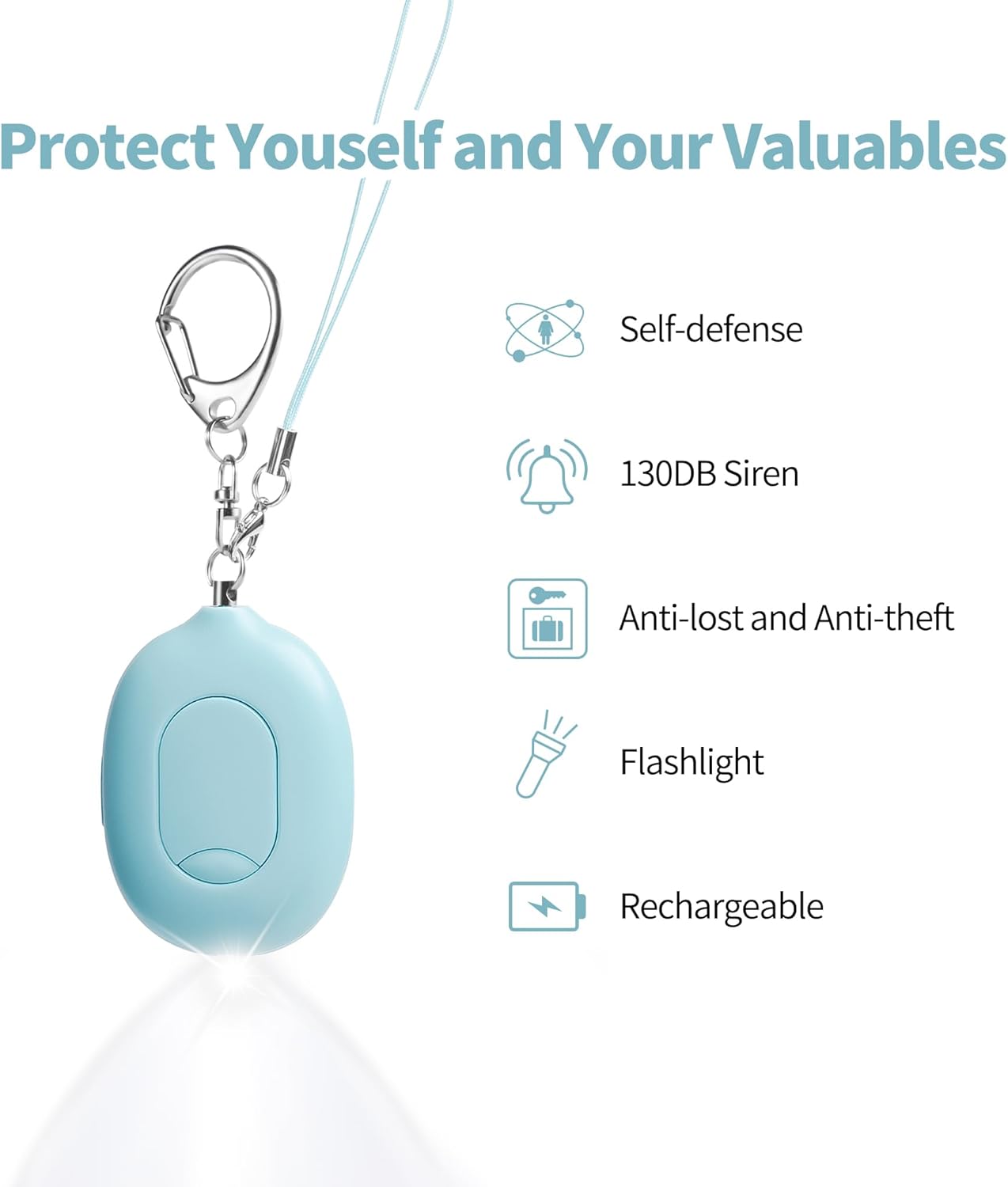 Door Stop Alarm,Door Alarm When Opened Travel,130DB Extra alarming with LED Flashlight & Pepper Gel Combo Set for Women self Defense,USB rechargeble mini Keychain (Blue & Purple)