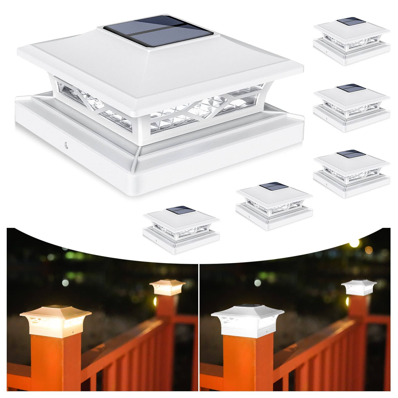 VOLISUN Solar Post Cap Lights,6Pack Outdoor Fence Post Cap Lights,Vinyl Fence Post Solar Lights White/Black Solar Powered Deck Post Lights for Dock