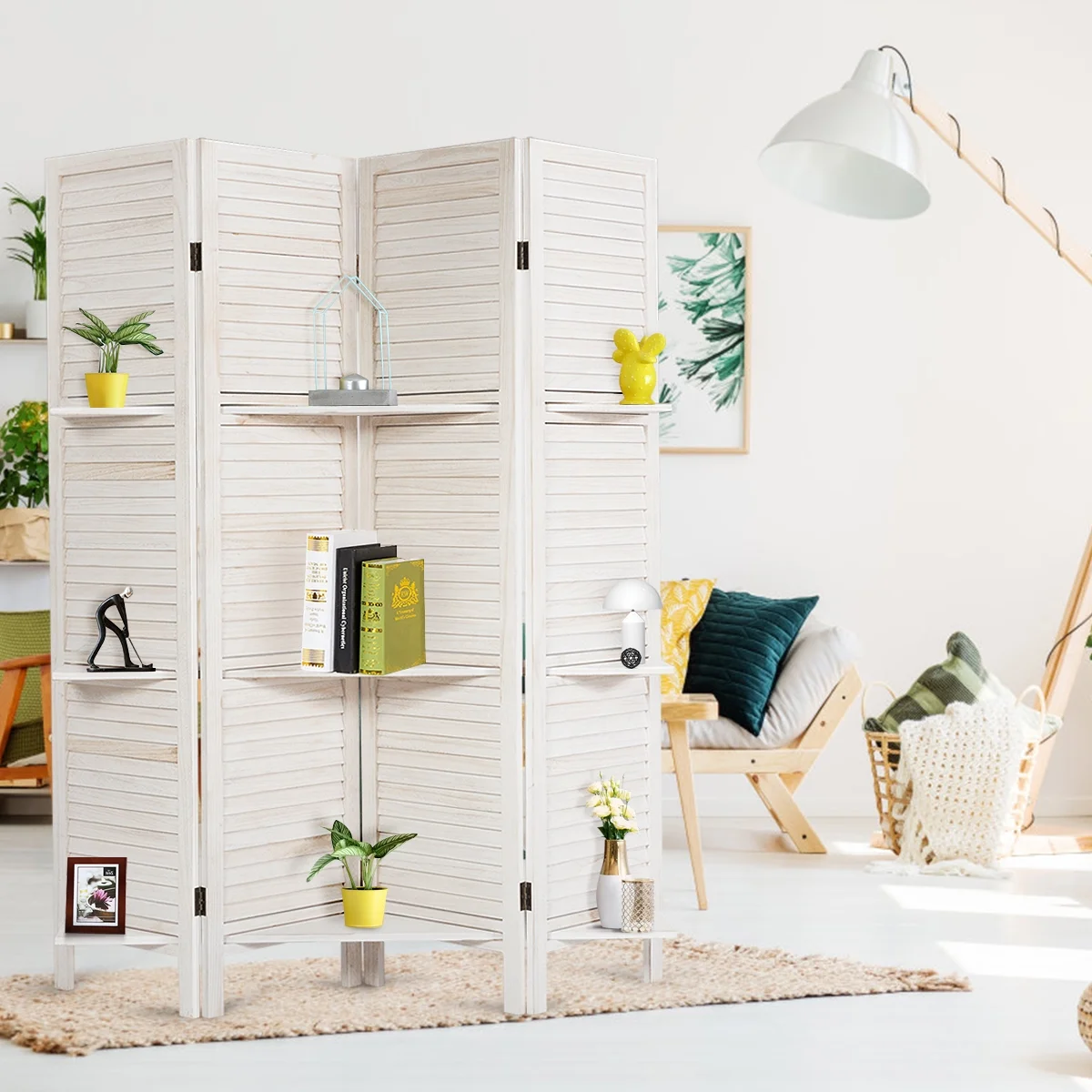 4 Panel Folding Room Divider Screen W/3 Display Shelves 5.6 Ft Tall(White) - Image 2
