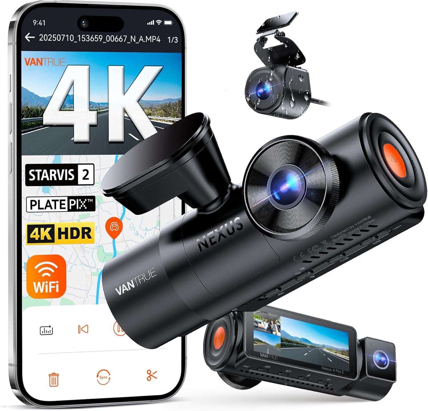 Vantrue N4 Pro S 4K 3 Channel Dash Cam w/Triple STARVIS 2  4K+1080P+2.5K Front Inside Rear Dash Camera  4+2.5K Dual Channel  HDR IR Night Vision  Voice Control  Parking Mode  GPS  Wi-Fi  Support 1TB
