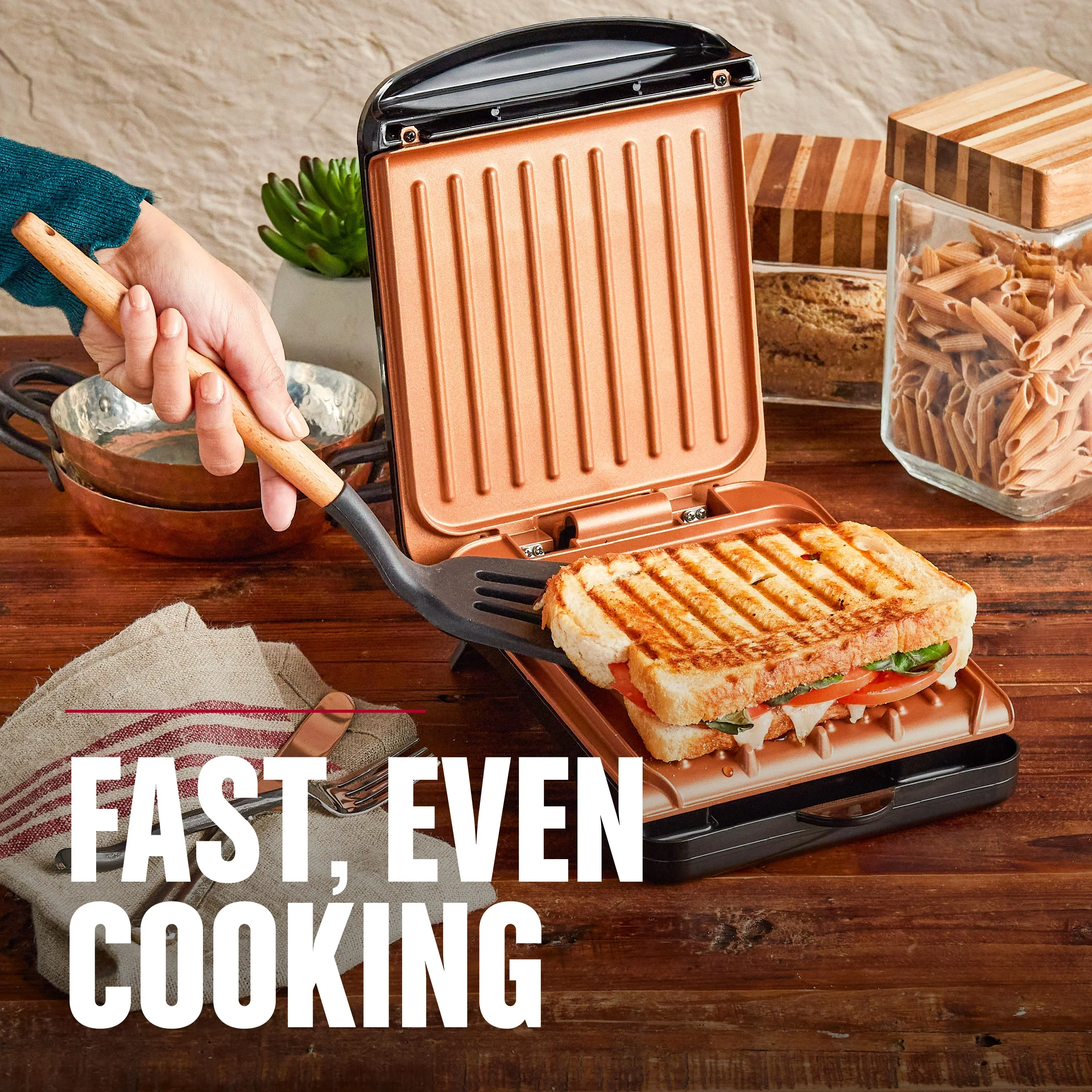 Foreman Electric Indoor Grill and Panini Press, Black with Copper Plates, Serves 2, Classic Plate, GRS040-Series