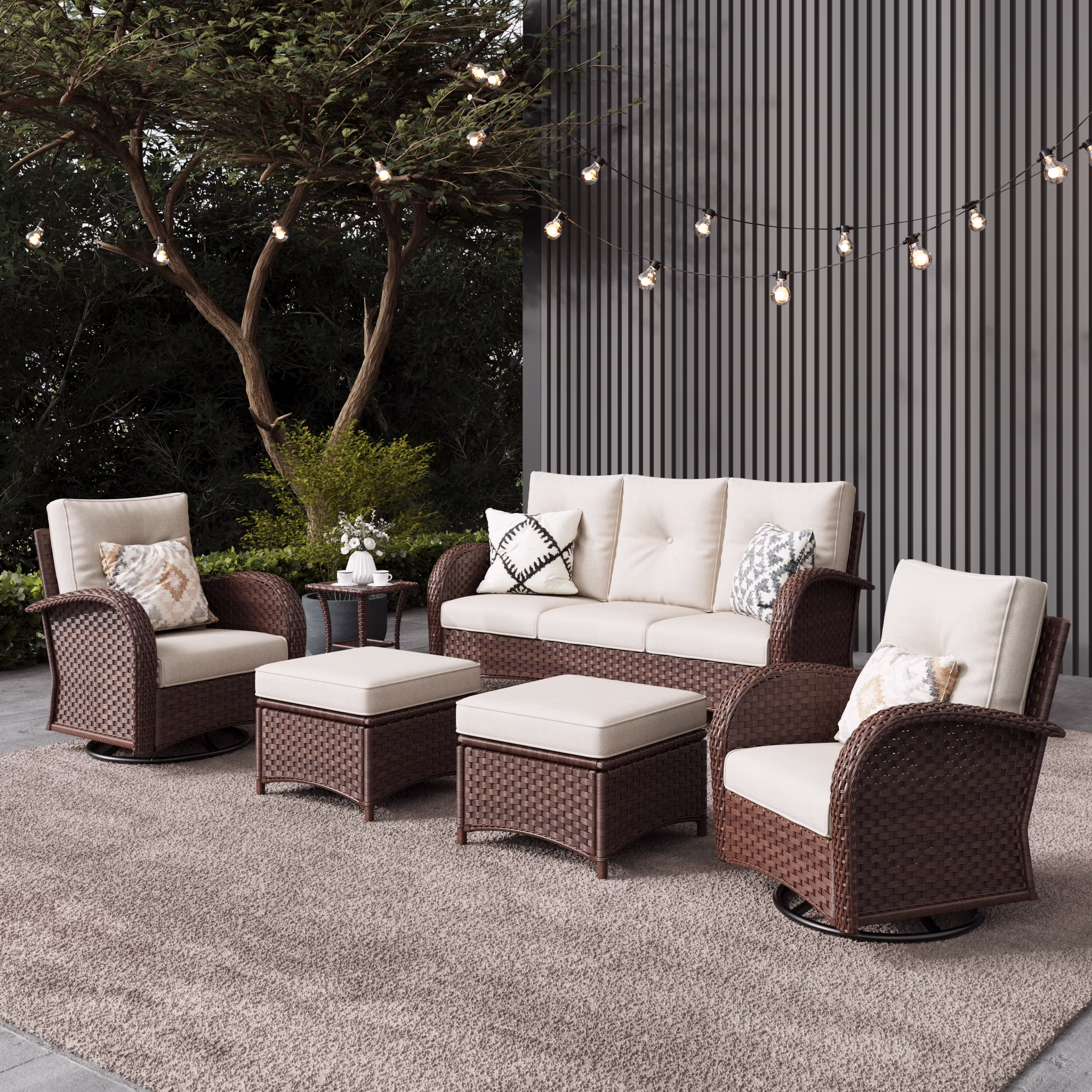 7 Pieces Outdoor Patio Furniture Set with Fire Pit Table, Rattan Wicker Sectional Swivel Rocker Chairs Sets(7 PCS 2*Swivel +Sofa+Fire Pit+2*Ottoman+Table/Brown /Navy Blue) Image 4