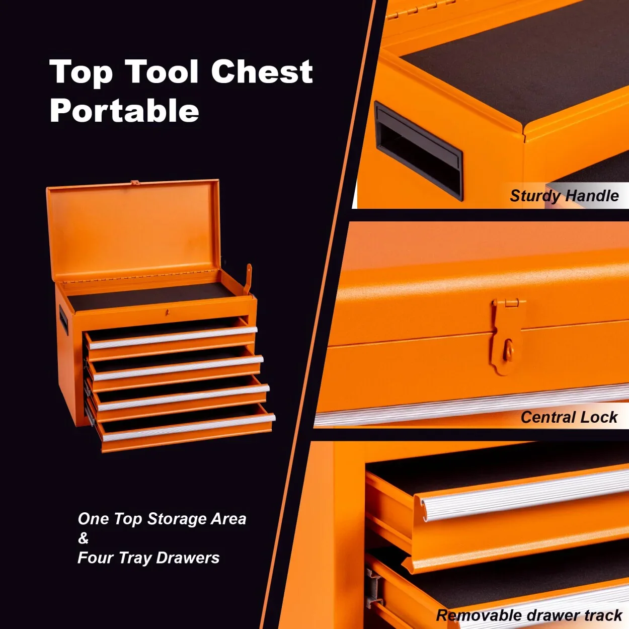 Rolling Tool Chest with 5 Drawers and Detachable Top Box Heavy Duty Steel Construction Lockable Wheels for Garage Workshop Storage Organization
