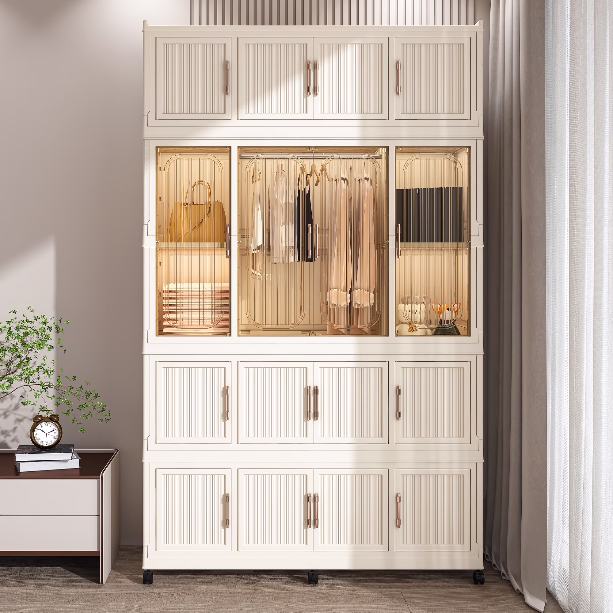 Kids Portable Wardrobe w/ Magnetic Doors Hanging Rod 4-Cube Plastic Storage Cabinet,Nursery/Bedroom(4 Cubes) - Image 5