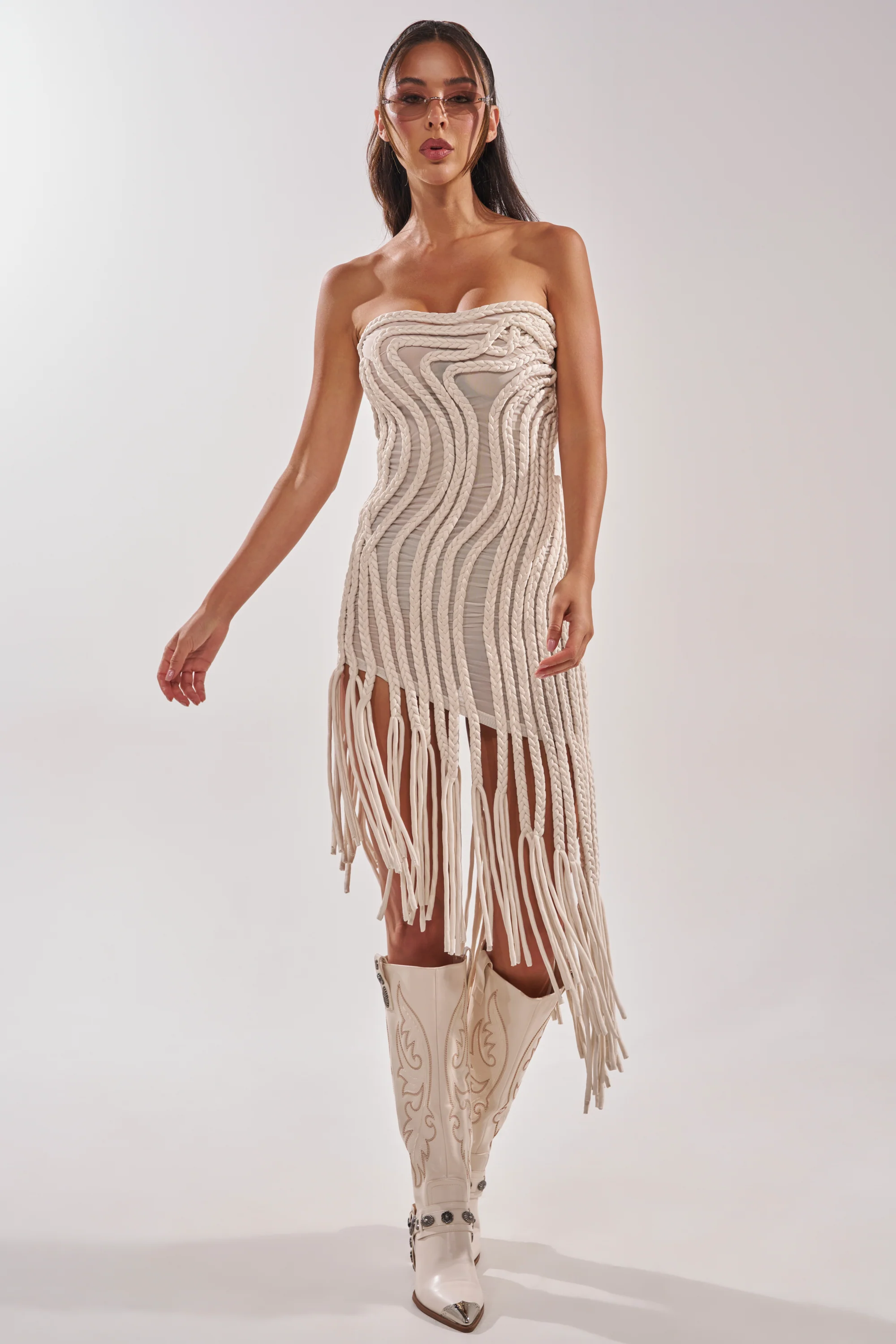 ALL OVER THE PLACE BRAIDED MIDI DRESS IN IVORY - Akira Store