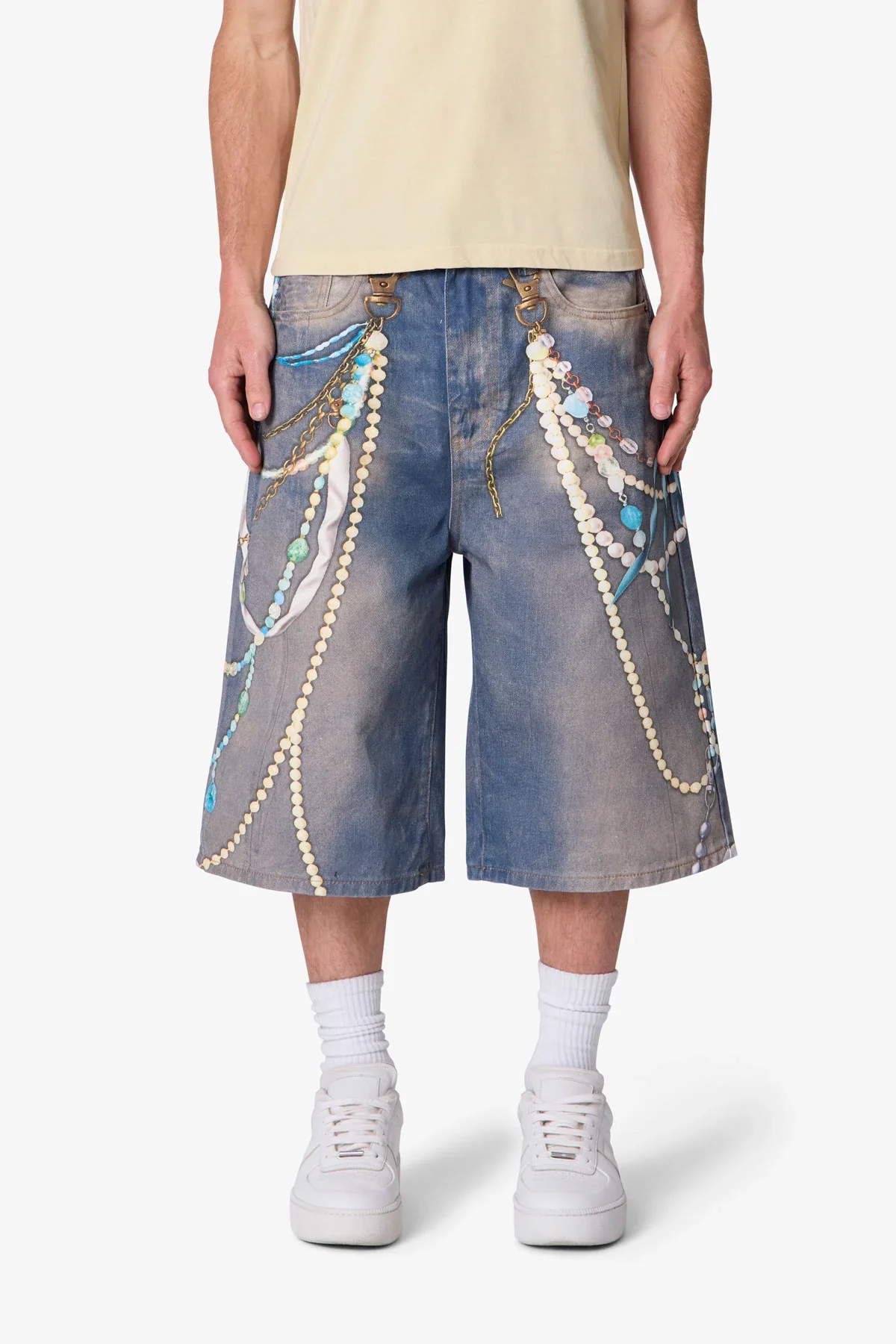 Ultra Baggy Chain Printed Denim Shorts - Light Blue