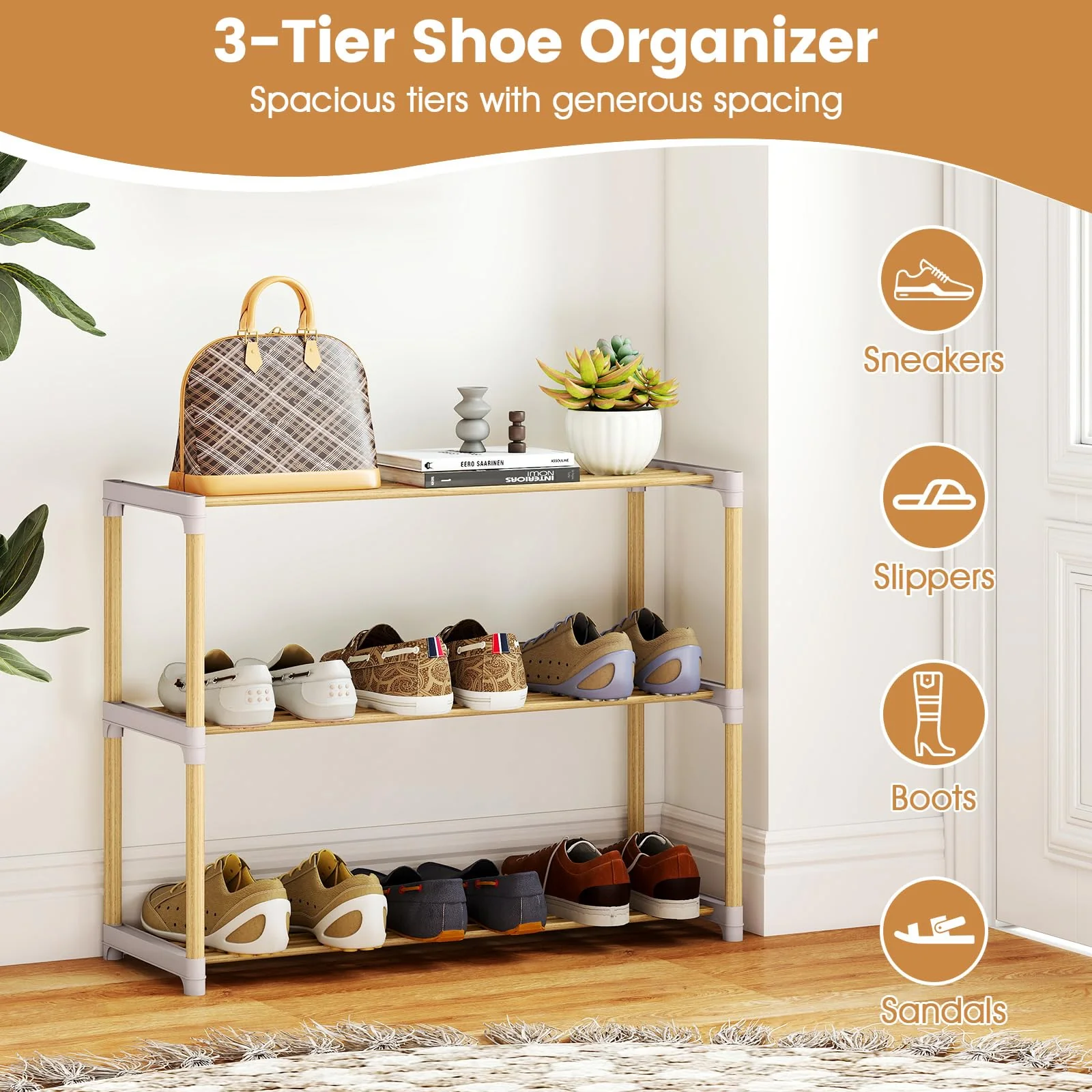 Tangkula 3-Tier Solid Wood Shoe Rack
