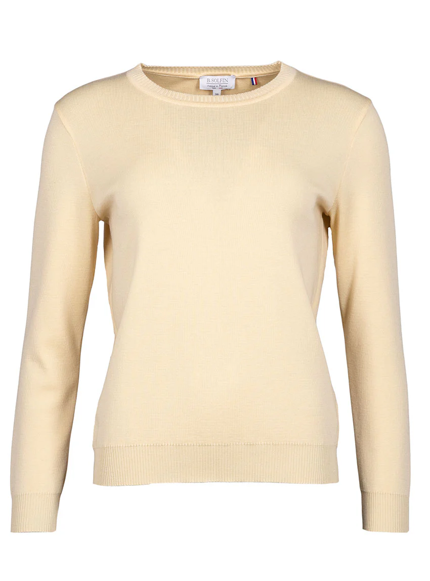 Pull femme en laine mérinos col rond jaune léger