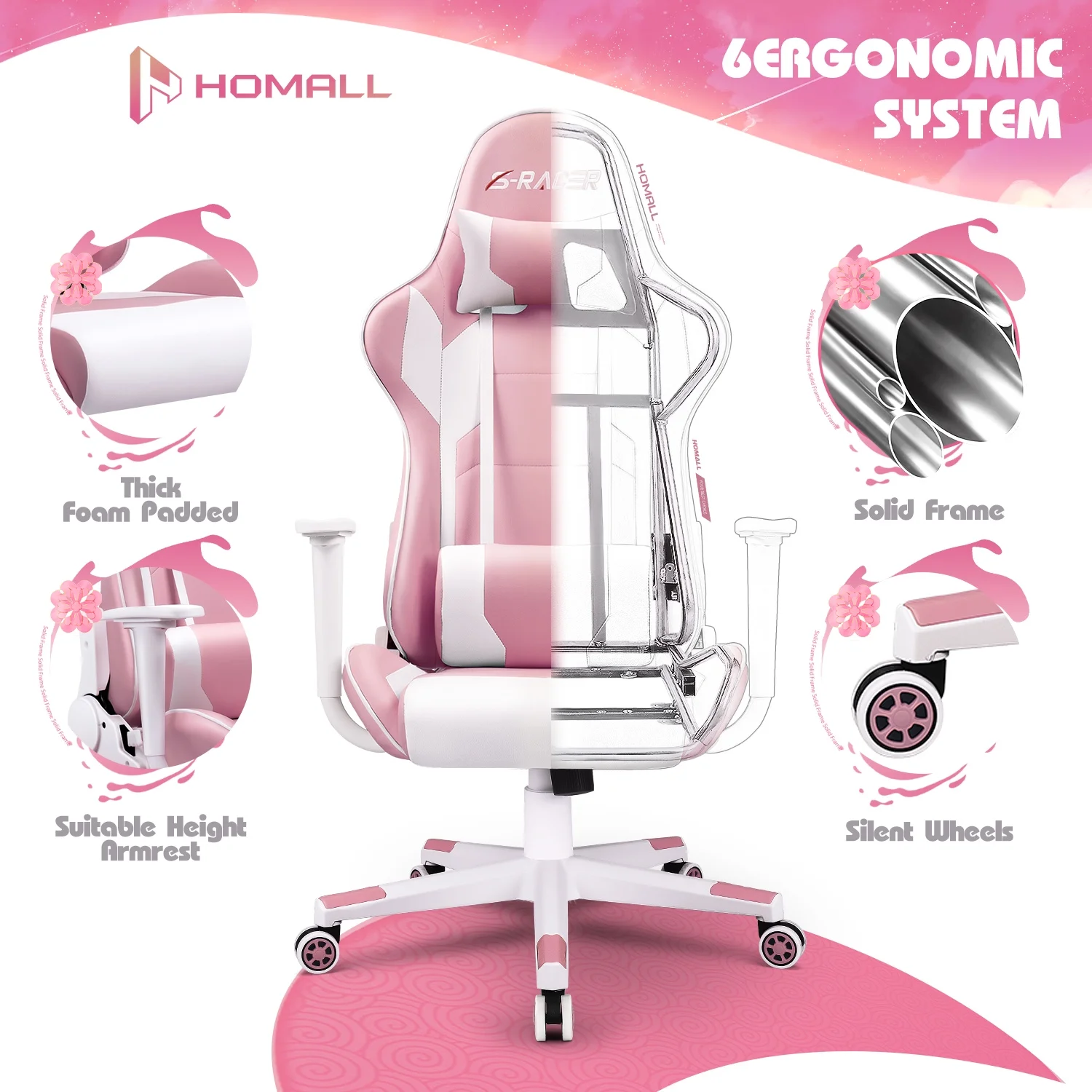 Gaming Chair office Chair with Headrest Lumbar Support, Pink(Pink) - Image 10