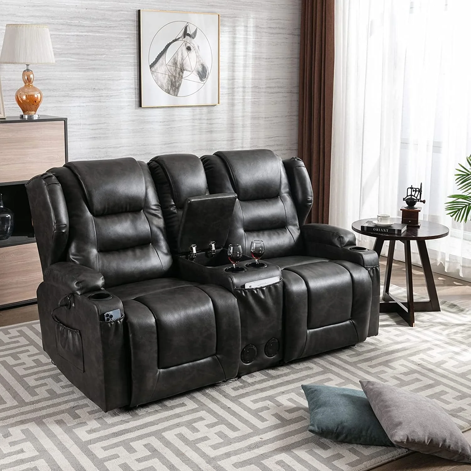 Electric Home Theater Seating- Power Recline Chair Loveseat RV Sofa with Console, 67" Double Recliner 2-Seater RV Couch with Storage/USB Charging/Lighting/Cup Holders for Living Room(Black) - Image 3