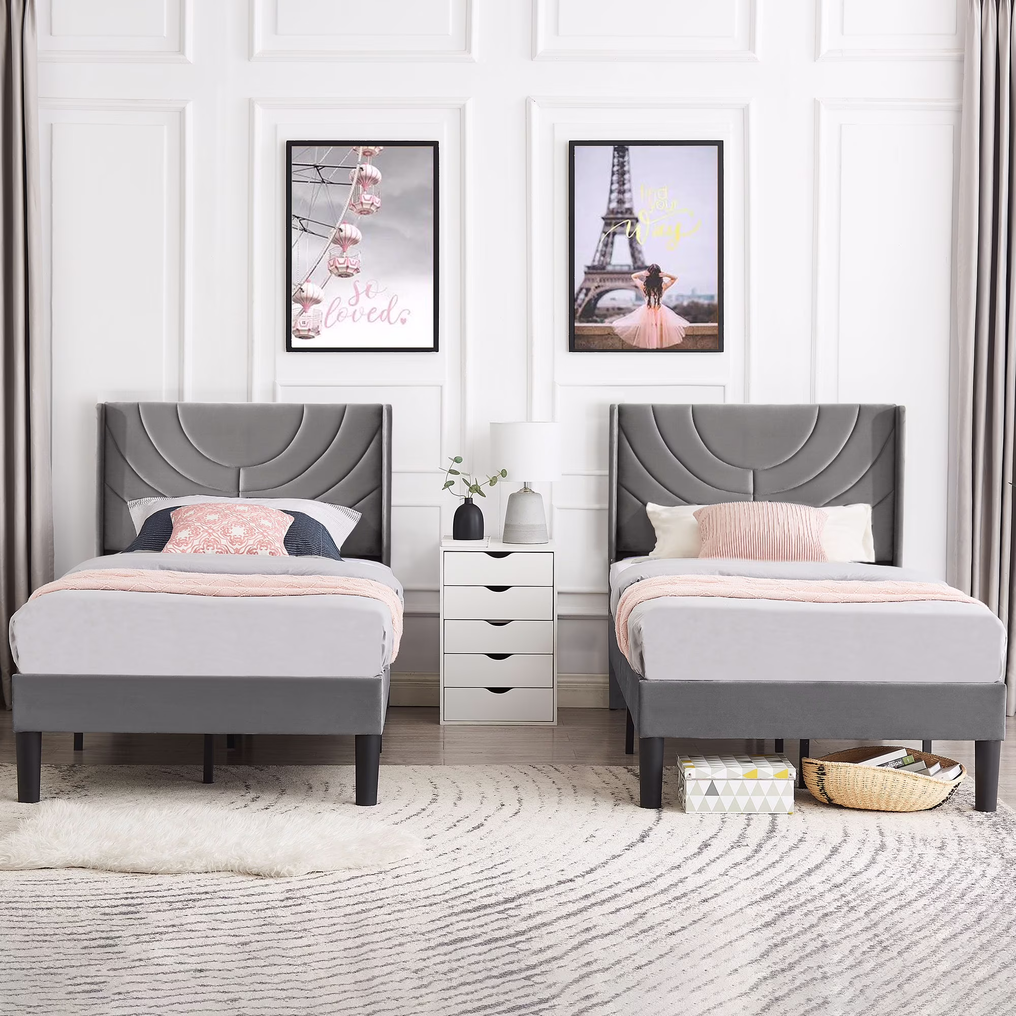 Set of 2 Twin Bed Frames, Modern Upholstered Platform Bed Frame with Tufted Headboard, No Box Spring Needed, Dark Green(Style C/Dark Green) - Image 3