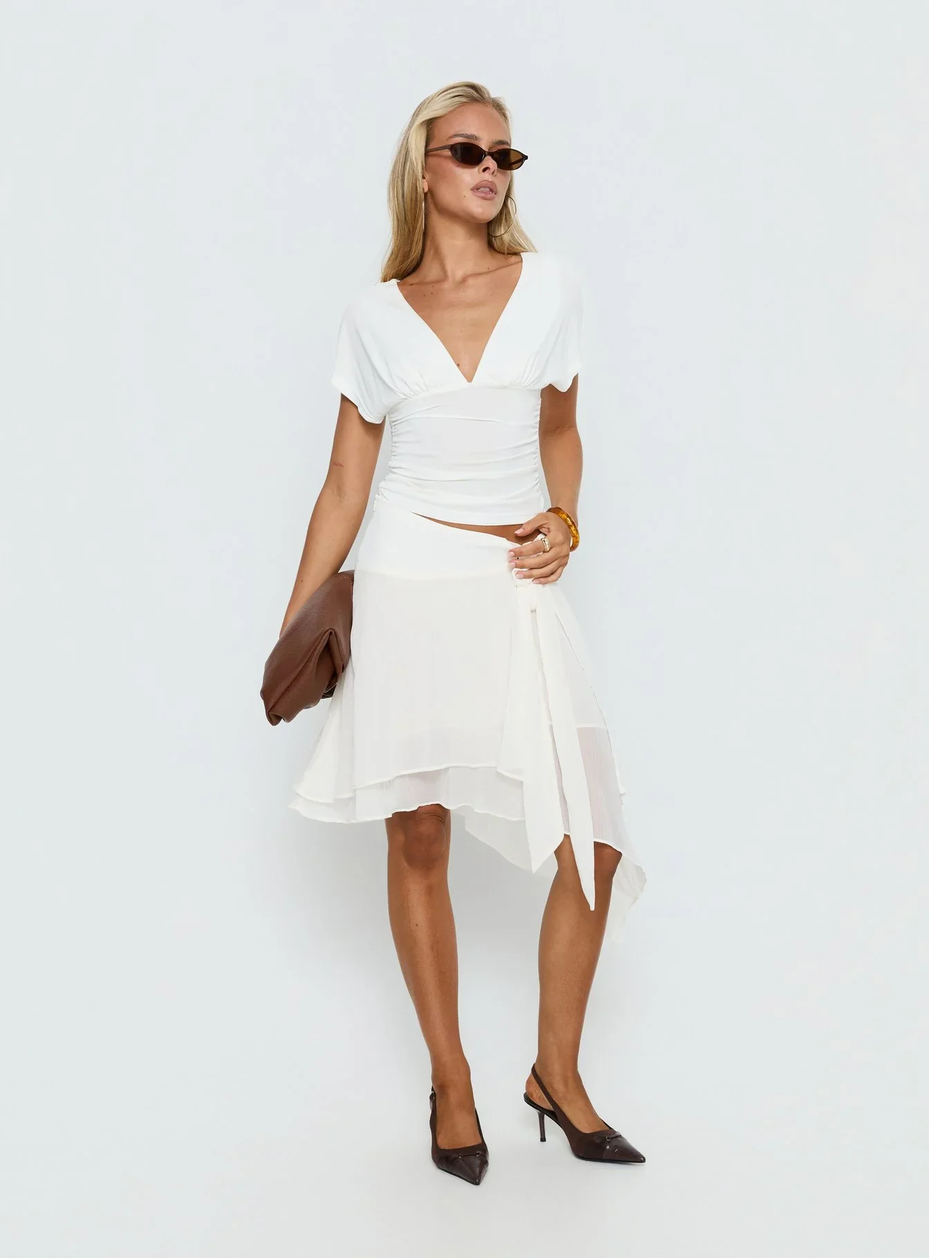Ophella Tie Waist Chiffon Midi Skirt Cream