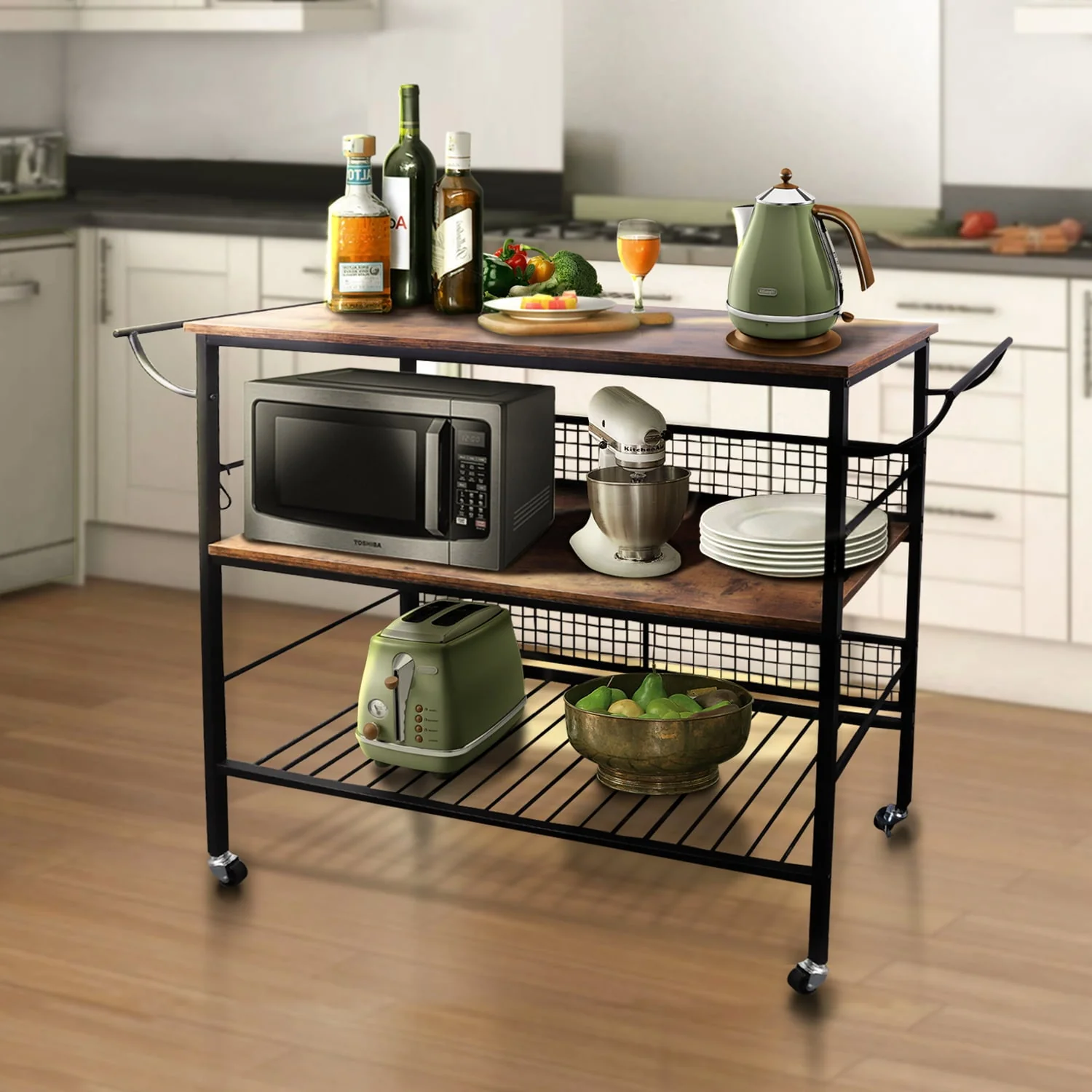 MONVANE 40"W Large Kitchen Iron Cart Island, 3 Tier Rolling Kitchen Rack Large Utility Mobile Wine Cart Storage Shelf Organizer Coffee Bar with Handle(Black/With handle)