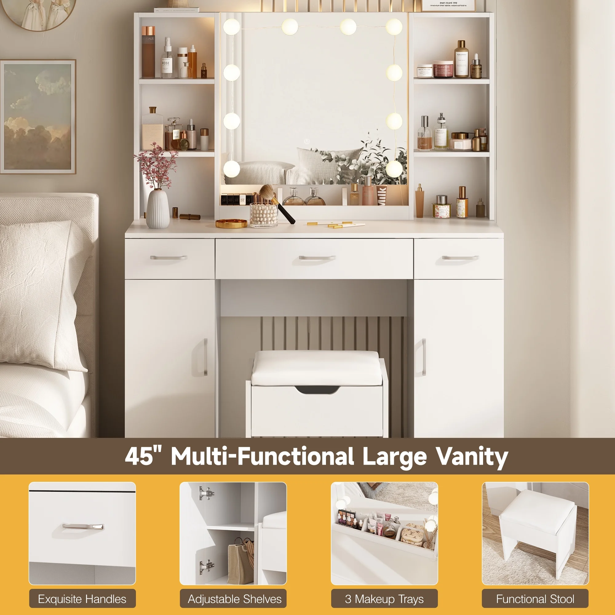 Large Makeup Vanity Set with Light Modern Makeup Vanity Table with Storage and Adjustable Lighting Colors for Bedroom 45.2in, White(White) - Image 8