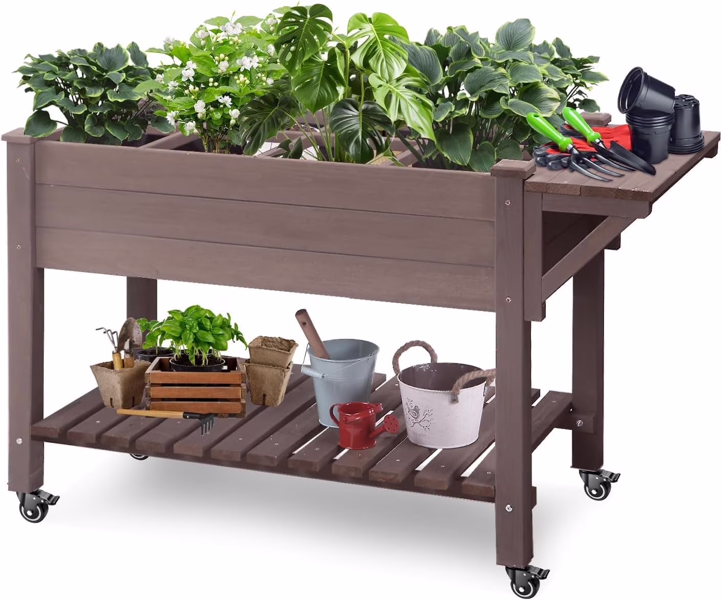 MEDEHOO Elevated Wooden Planter Box with Locking Casters - 52.7 L x 22 W x 30 H Raised Garden Bed, Removable Liner & 230lb Weight Capacity for Outdoor Plants