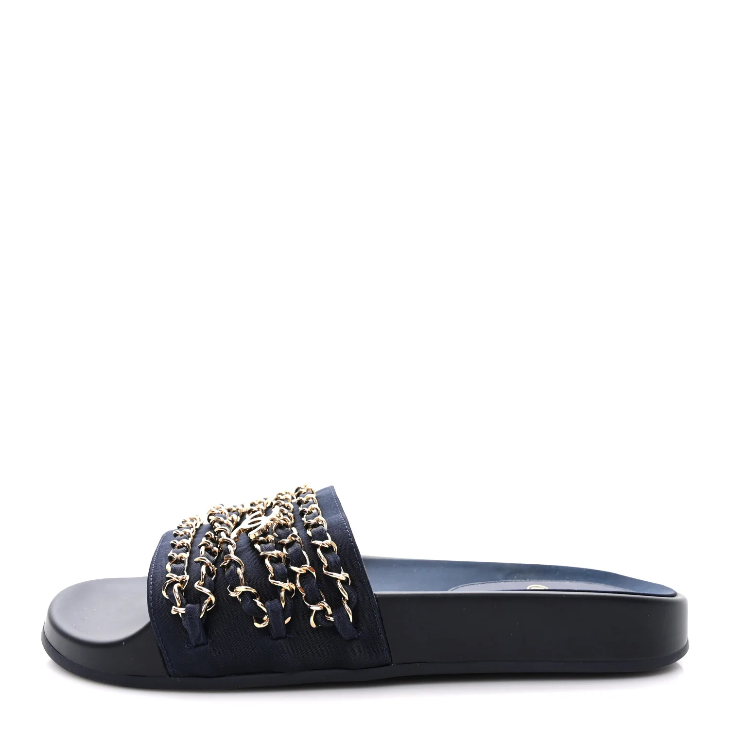 Satin Canvas Chain Slides Sandals Flats 38 Marine