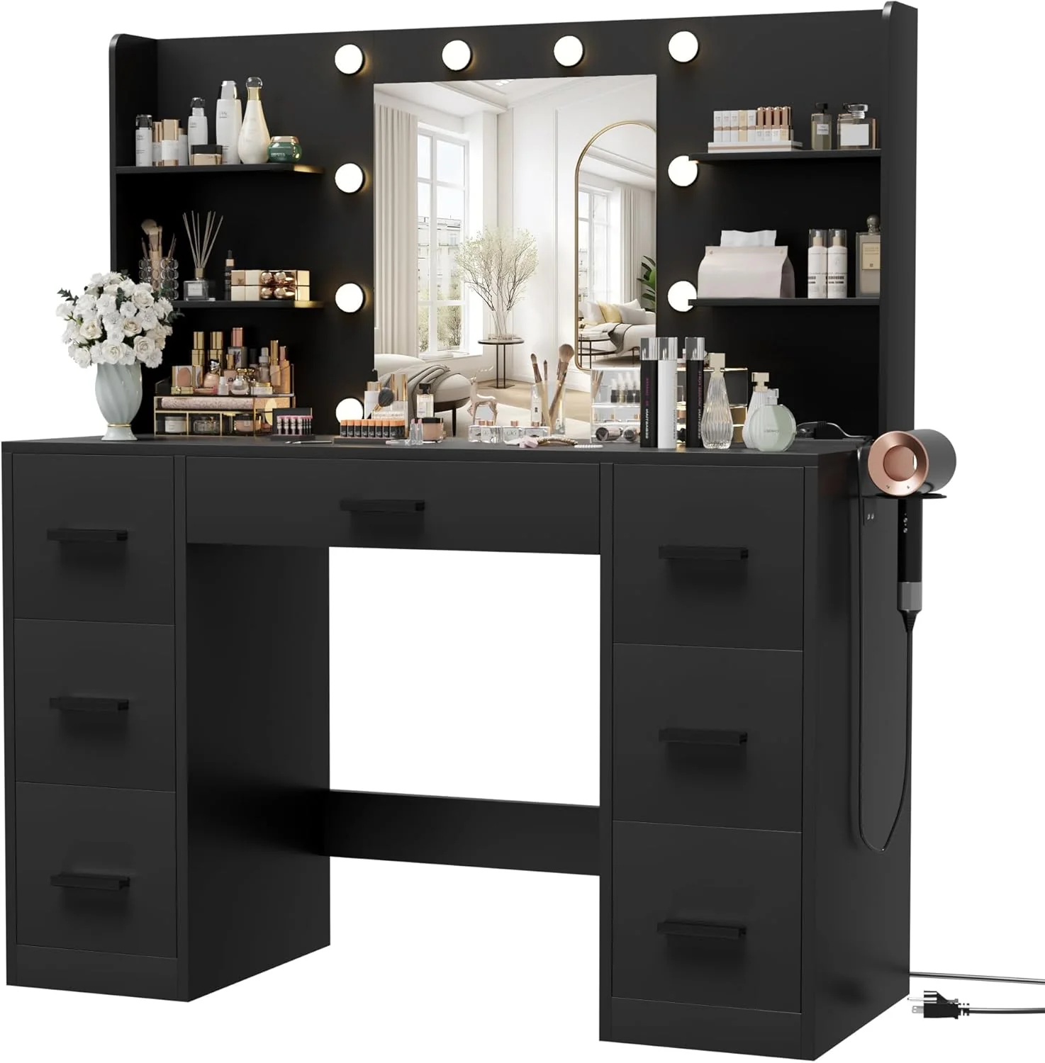 Coiffeuse Furmax avec miroir, éclairage LED et prise électrique