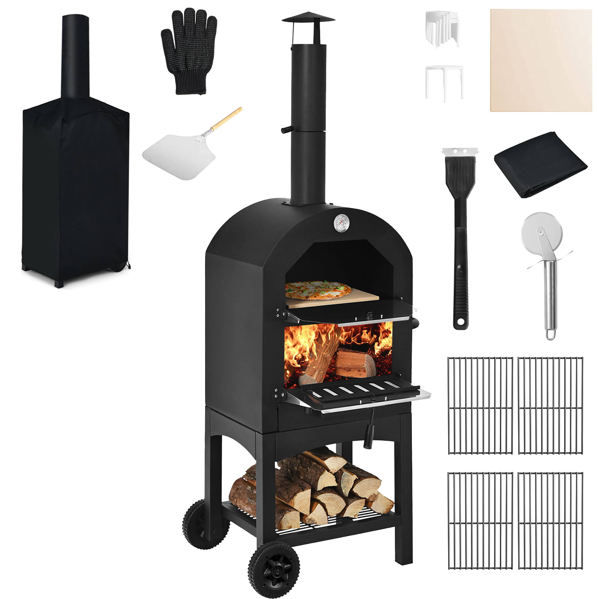 Costway Outdoor Pizza Oven Wood Fire Pizza Maker Grill w/ Pizza Stone & Waterproof Cover