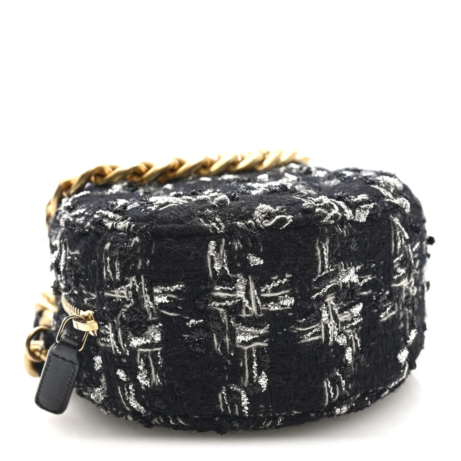 Tweed Quilted 19 Round Clutch With Chain Black White