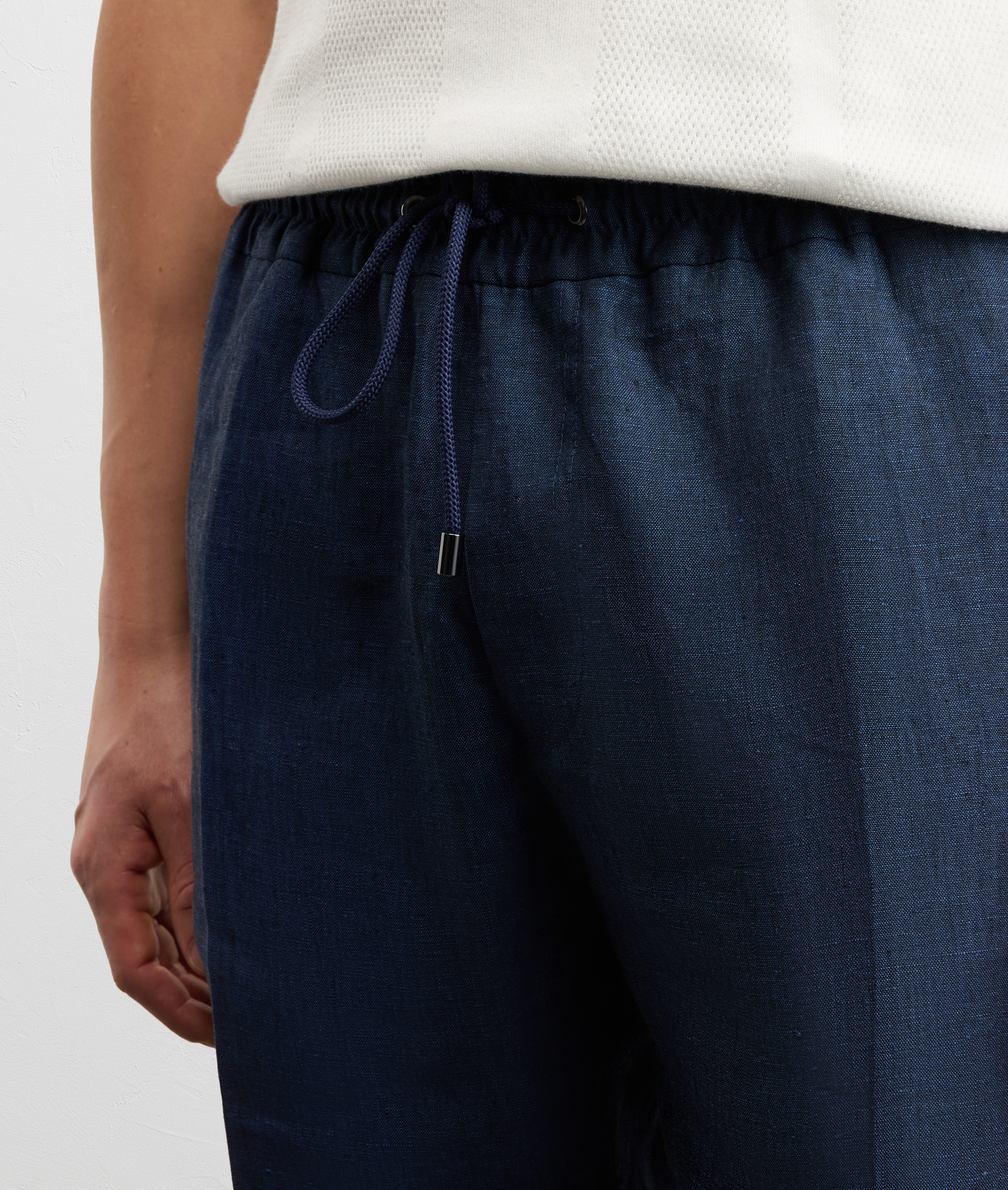 NAVY BLUE FLAMED LINEN DRAWSTRING TROUSERS