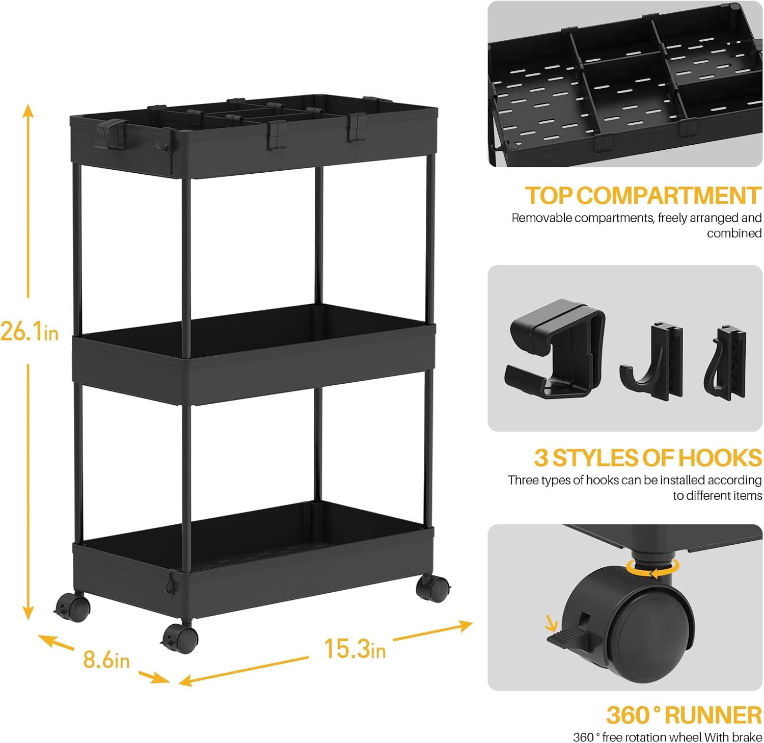 SPACELEAD 3 Tier Rolling Cart with Wheels, Storage Craft Art Trolley Organizer Serving, 3 Hanging Baskets Easy Assembly, for Office, Bathroom, Living Room, Kitchen, Black