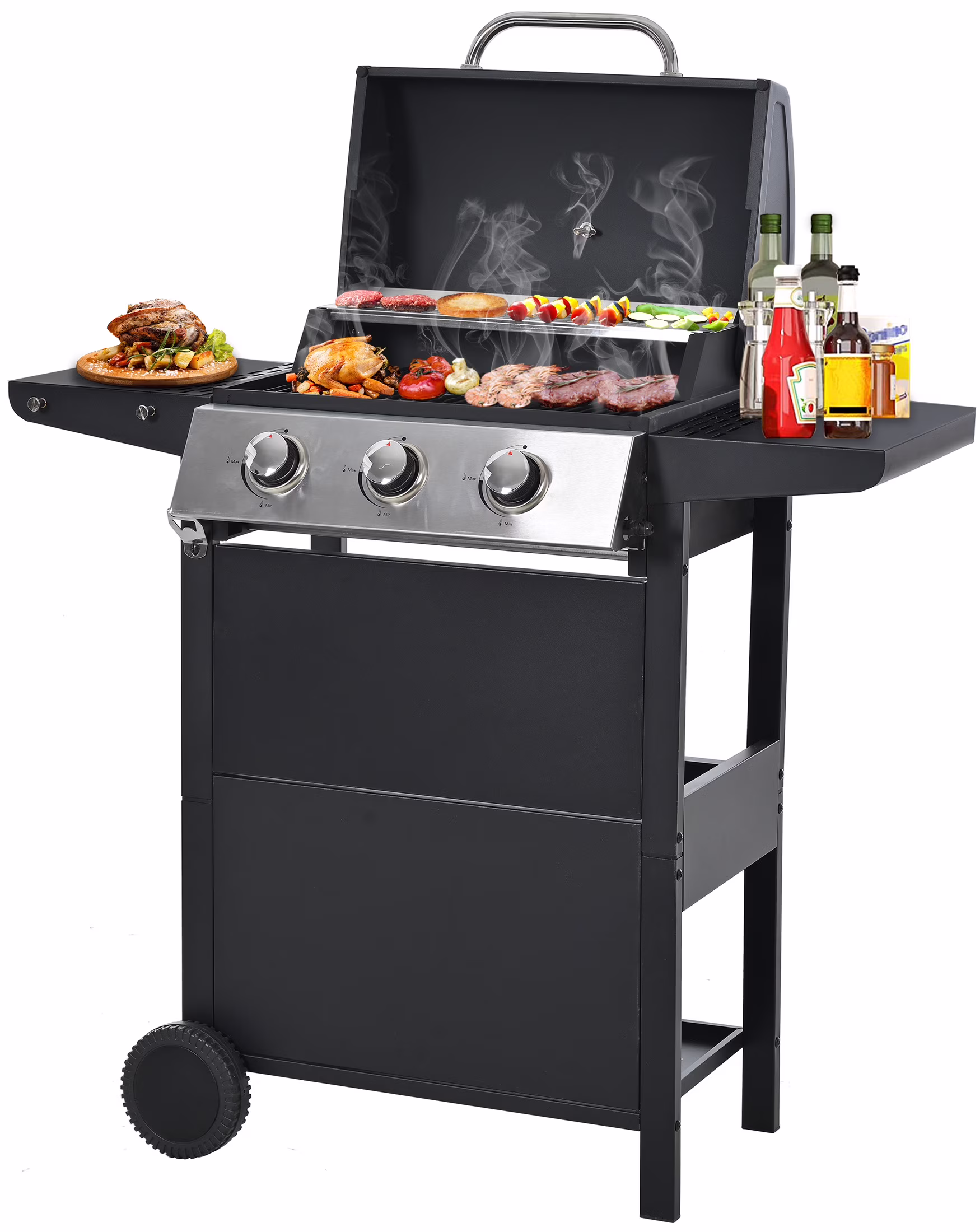 Segmart 3 Burner BBQ Propane Gas Grill, Stainless Steel 30,000 BTU Patio Garden Barbecue Grill with Folding Side Tables, Hanging Basket & Thermometer, Perfect for Camping, Outdoor Cooking