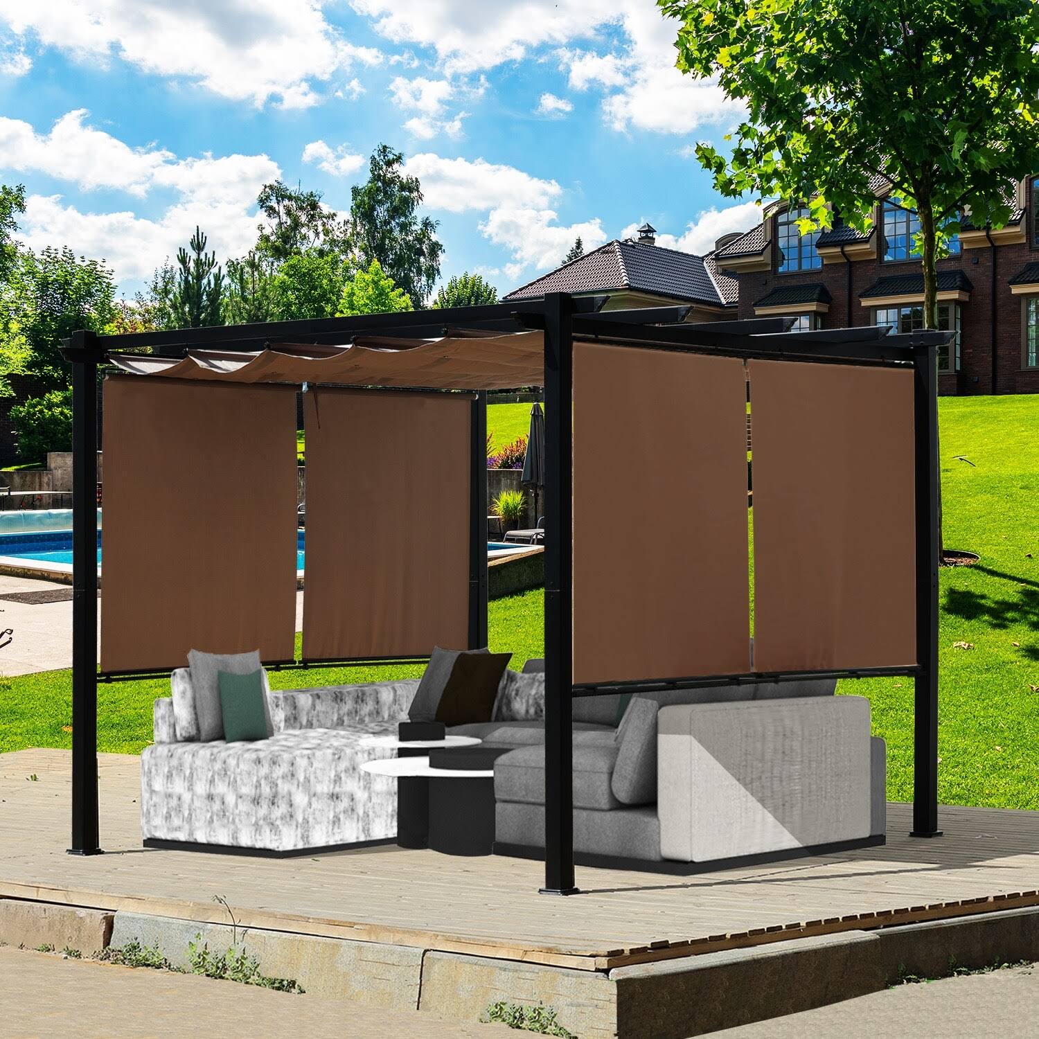 Aoodor 10 x 10 ft Outdoor Pergola with Retractable Canopy, Aluminum Frame, 4 Pieces Patio Sun Shade Shelter for Backyard, Deck - Dark Brown